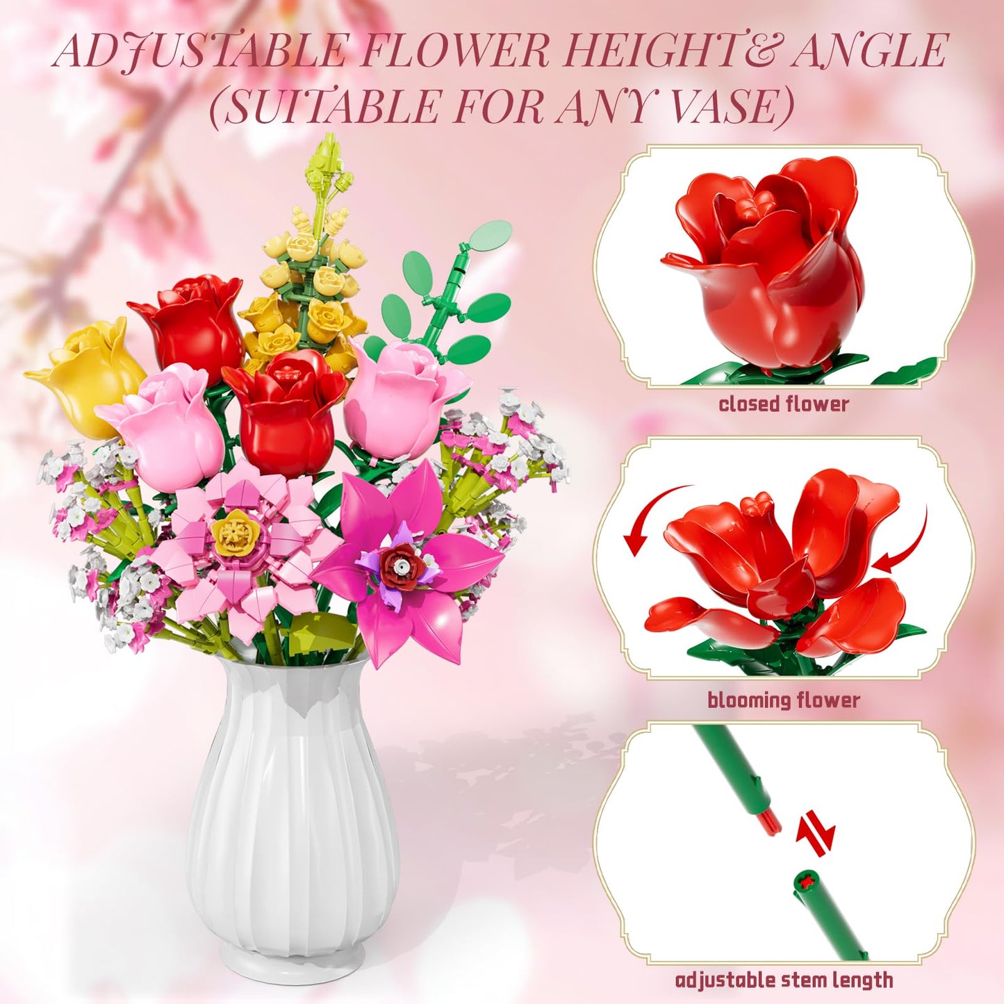 Utbttor Flowers Bouquet Building Set – Pink Roses, 765 Pcs, DIY Floral Kit for Home Decor
