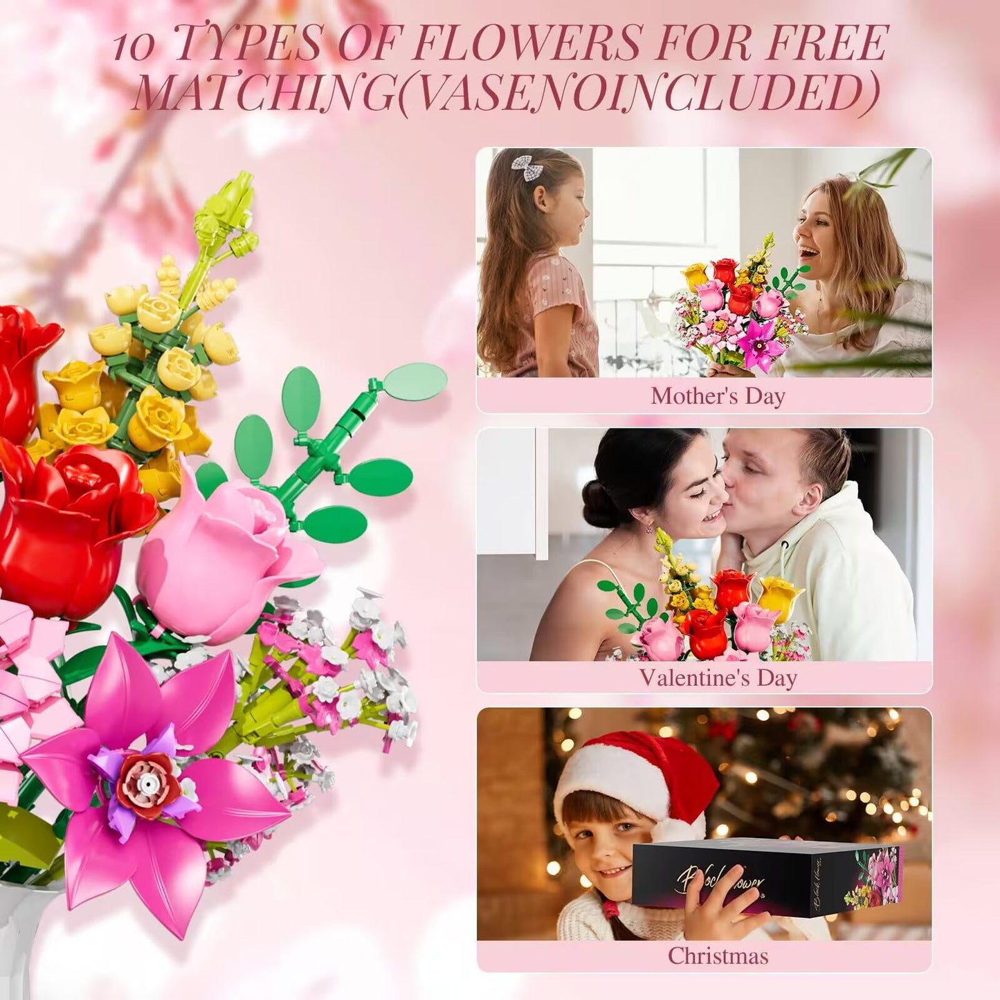Utbttor Flowers Bouquet Building Set – Pink Roses, 765 Pcs, DIY Floral Kit for Home Decor