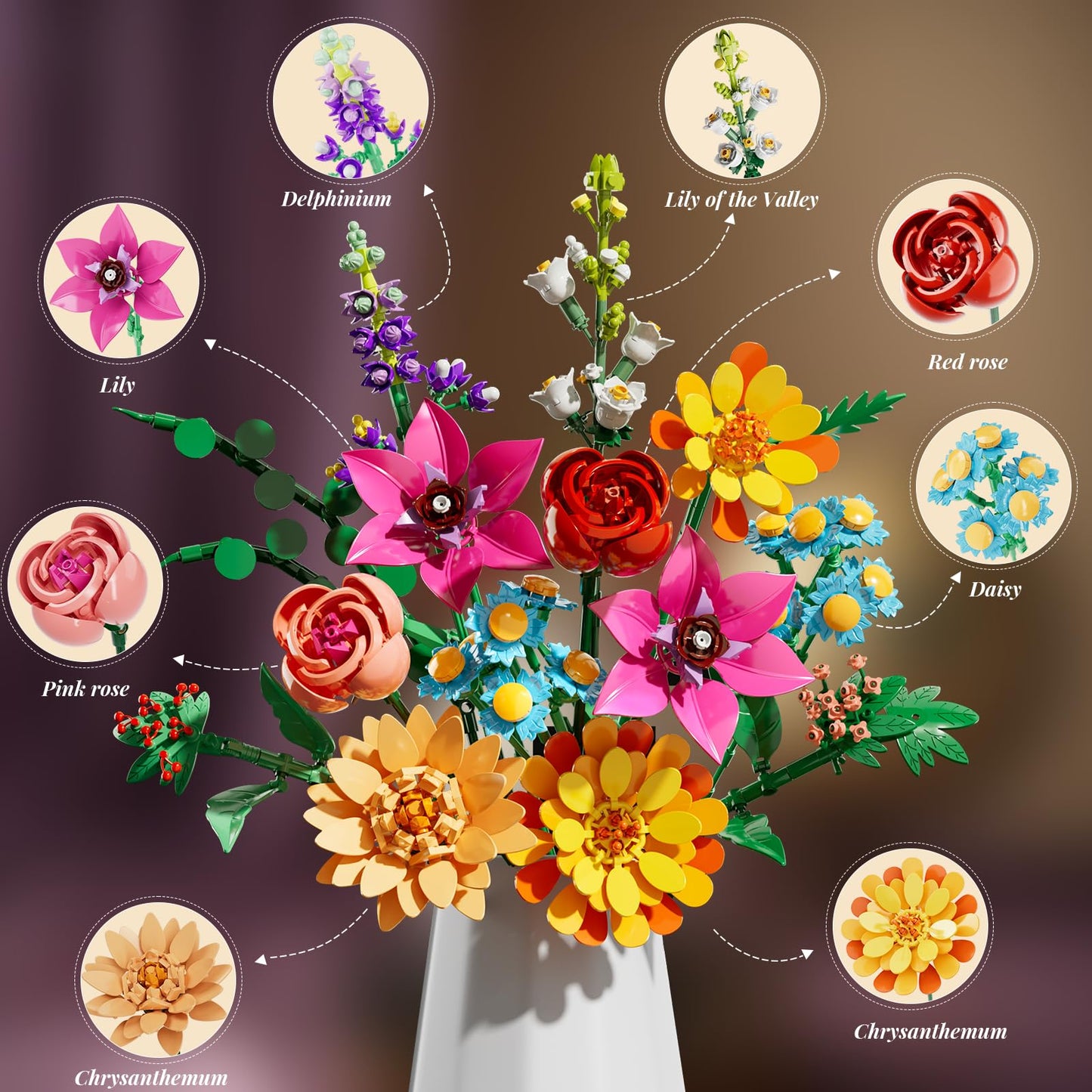 Utbttor Flower Bouquet Building Set – 891PCS Artificial Flower Kit for Kids & Home Decor