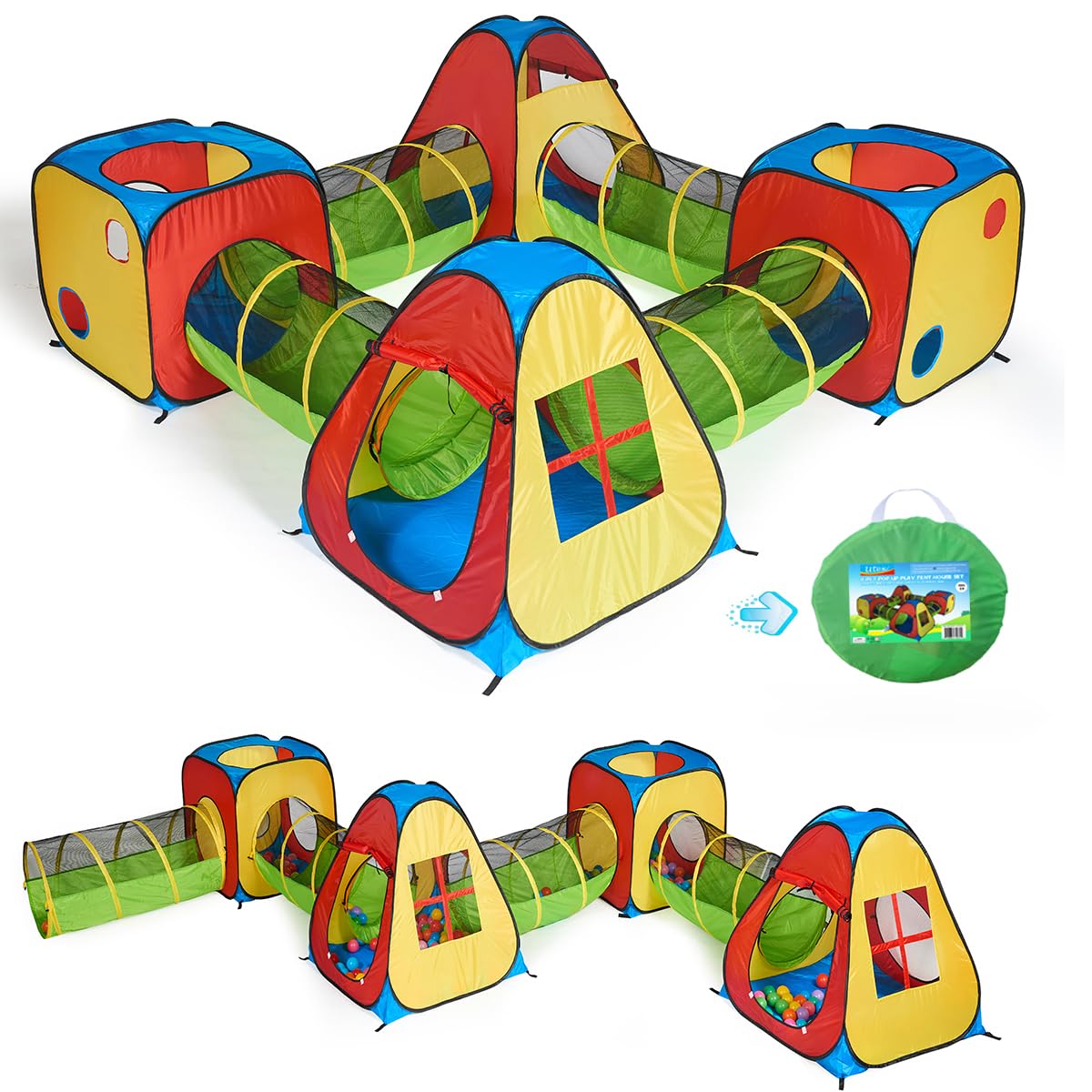 UTEX 8 in 1 Pop Up Play Tent Set – 4 Tunnels, 2 Square Tents, Indoor & Outdoor Fun