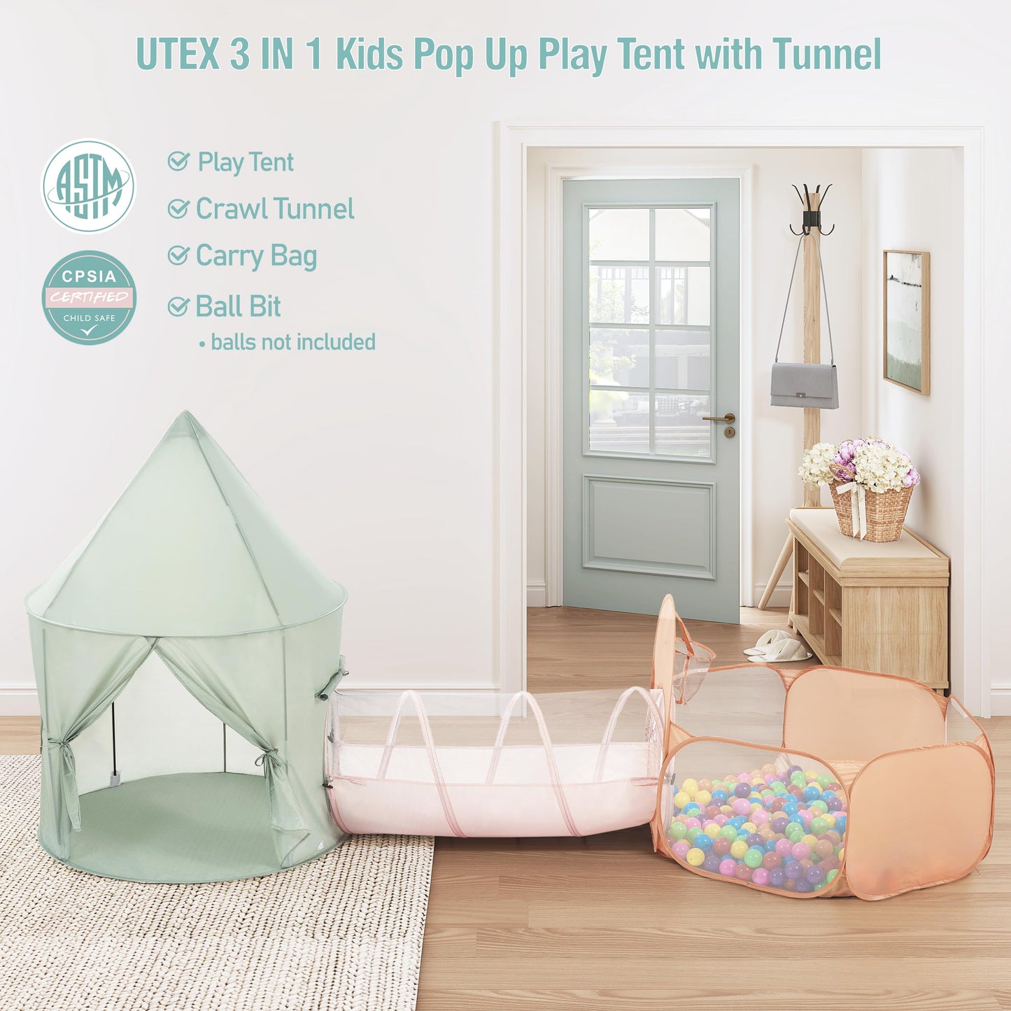 UTEX Kids Play Tent 3-in-1 with Tunnel & Ball Pit | Indoor & Outdoor Play House
