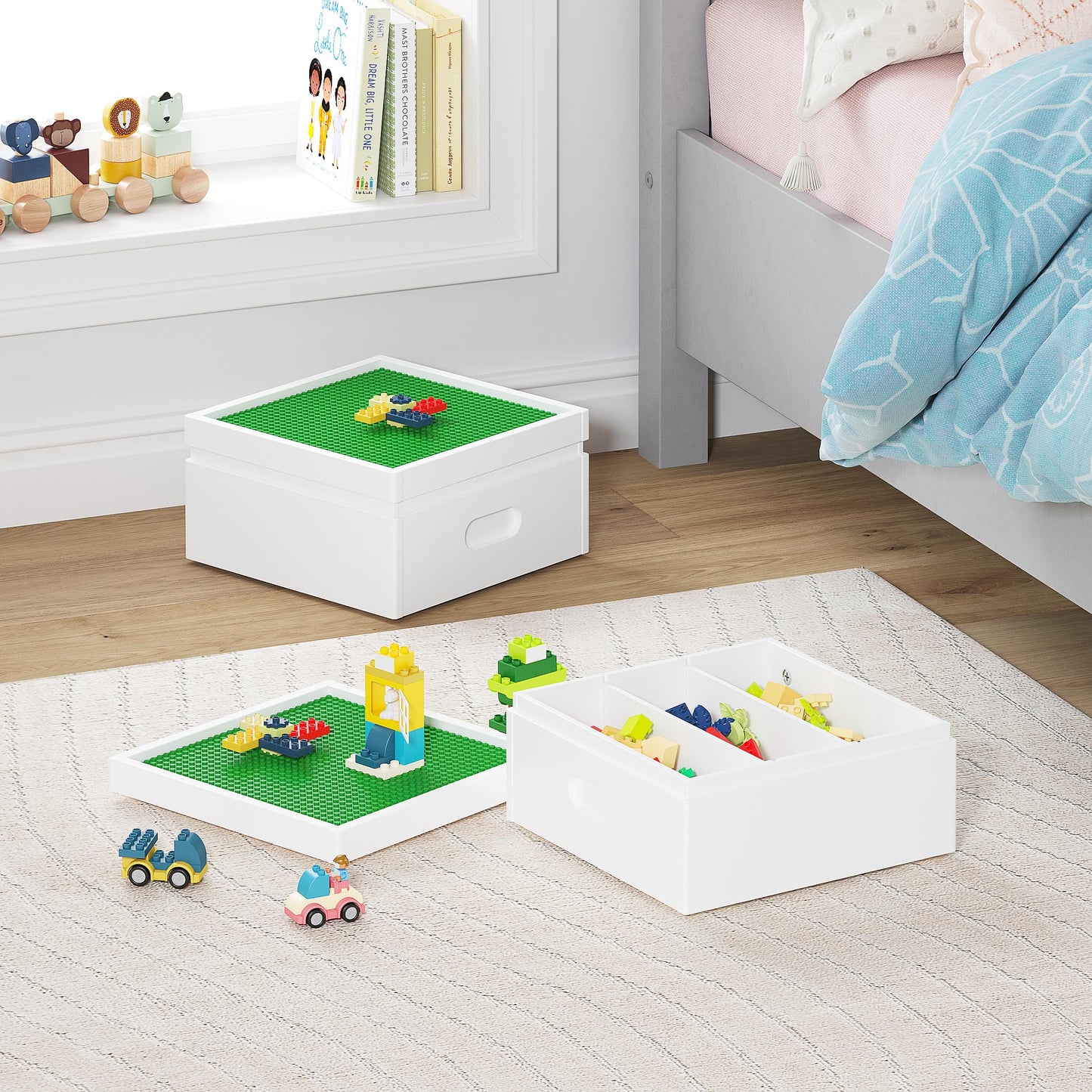 UTEX Buildable Cubby Storage with Baseplate Lid – 3-Compartment Organizer for Lego & Duplo, White
