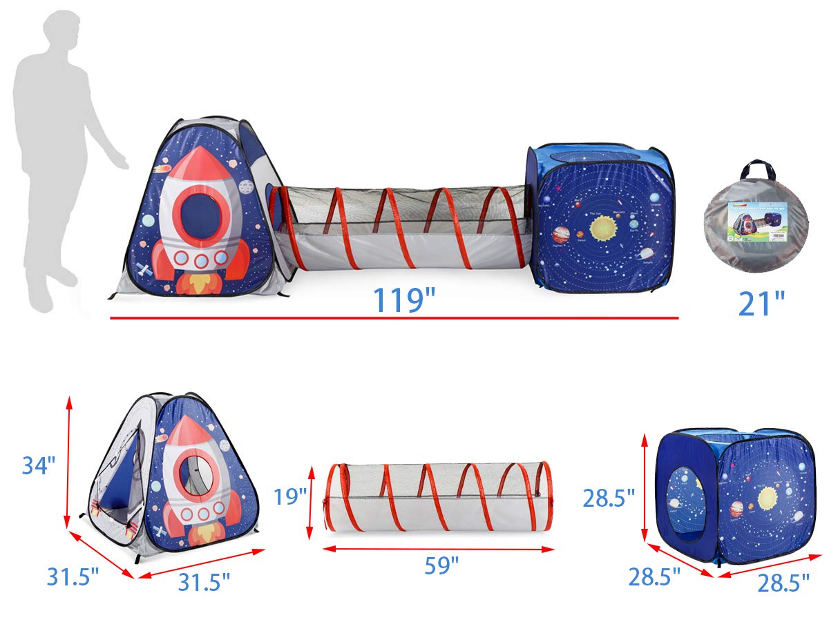 UTEX 3pc Space Astronaut Pop Up Play Tents with Tunnel – Indoor/Outdoor STEM Playhouse
