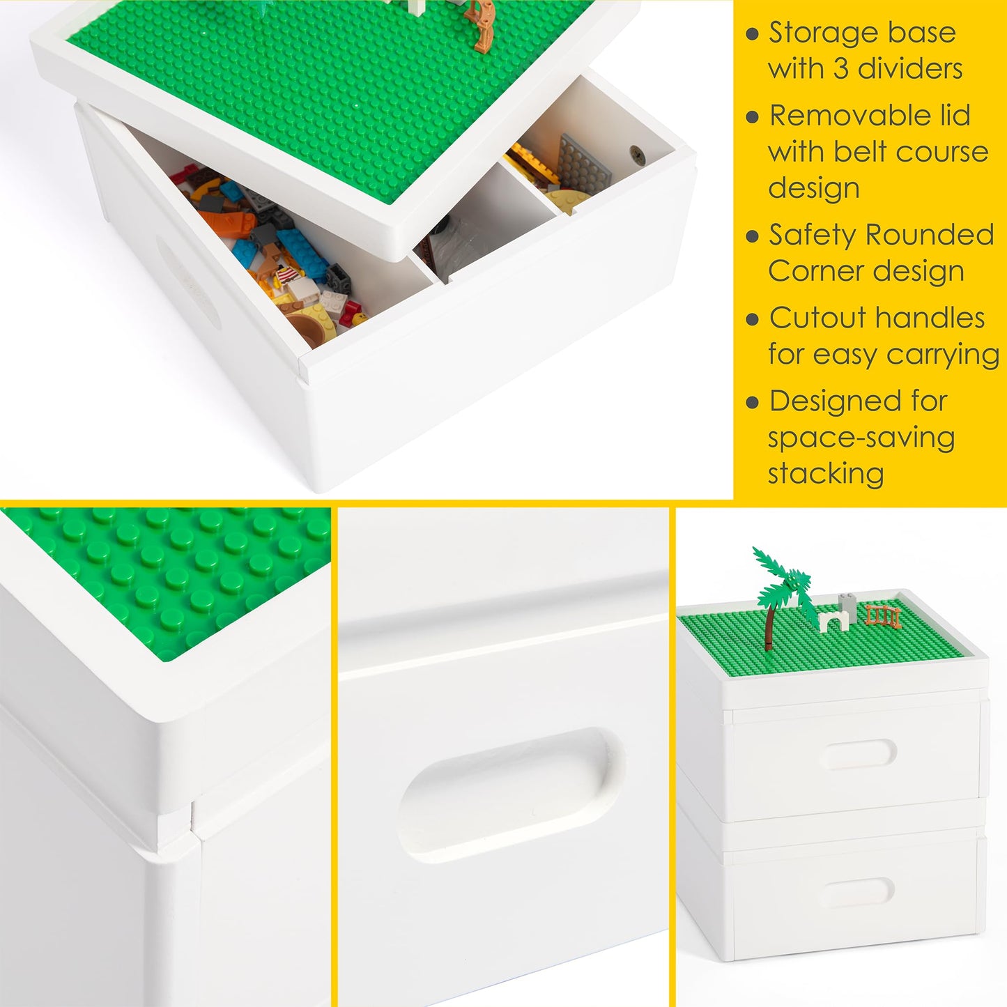 UTEX Buildable Cubby Storage with Baseplate Lid – 3-Compartment Organizer for Lego & Duplo, White