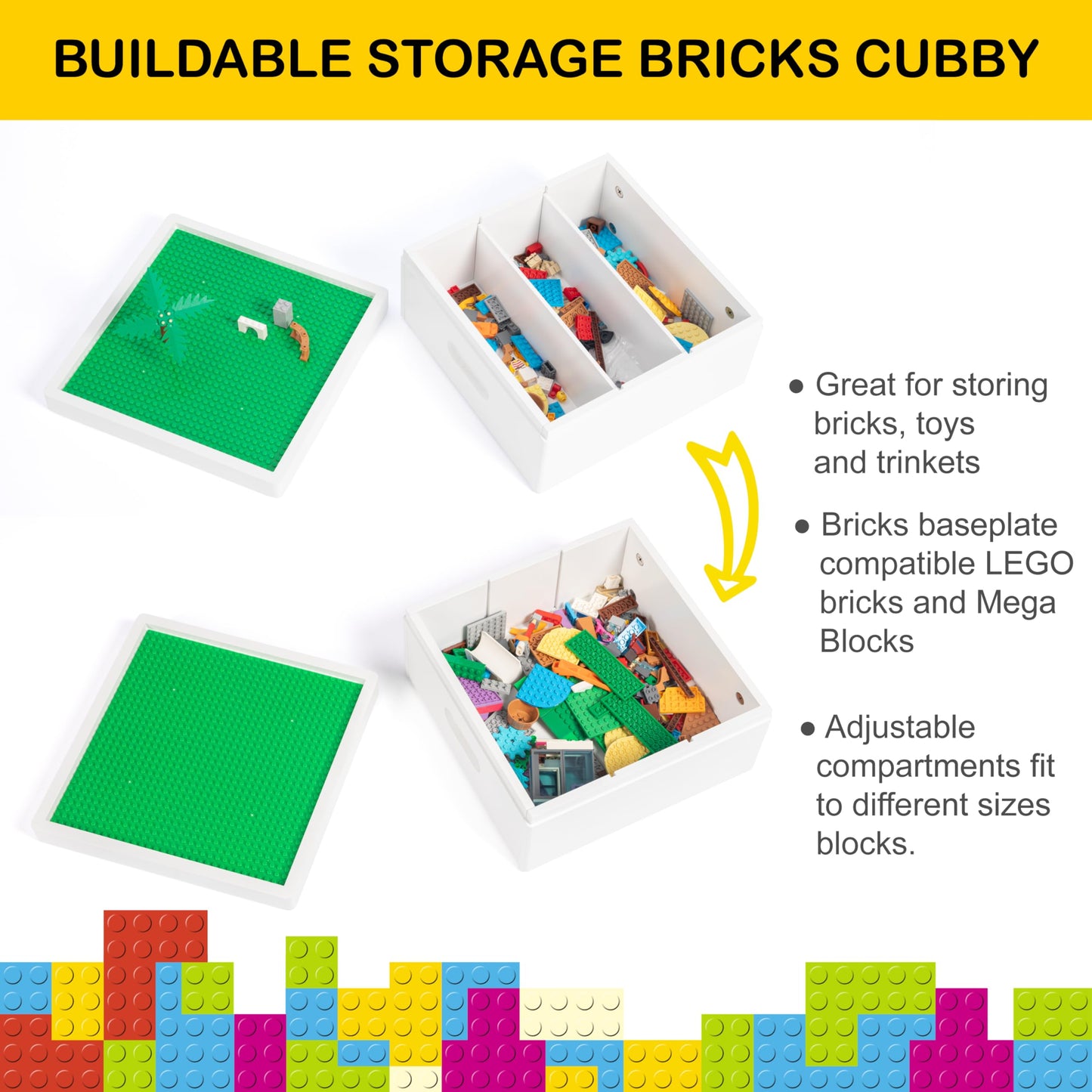UTEX Buildable Cubby Storage with Baseplate Lid – 3-Compartment Organizer for Lego & Duplo, White