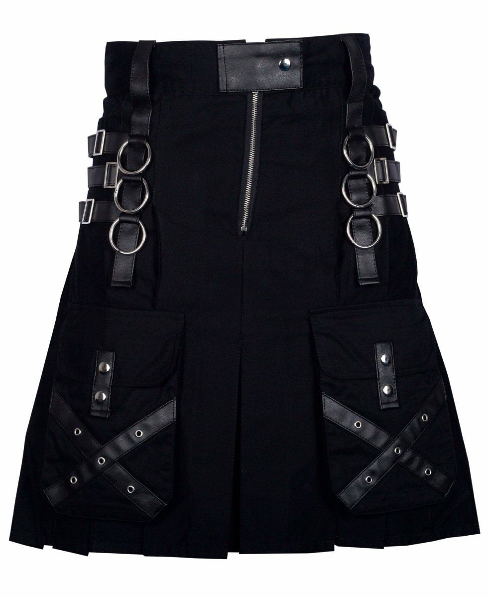Utility Black Cotton Gothic Kilt Cargo  Pockets Modern Gothic Fashion Kilt Active Men