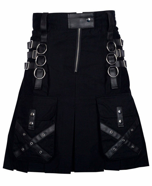 Utility Black Cotton Gothic Kilt Cargo  Pockets Modern Gothic Fashion Kilt Active Men