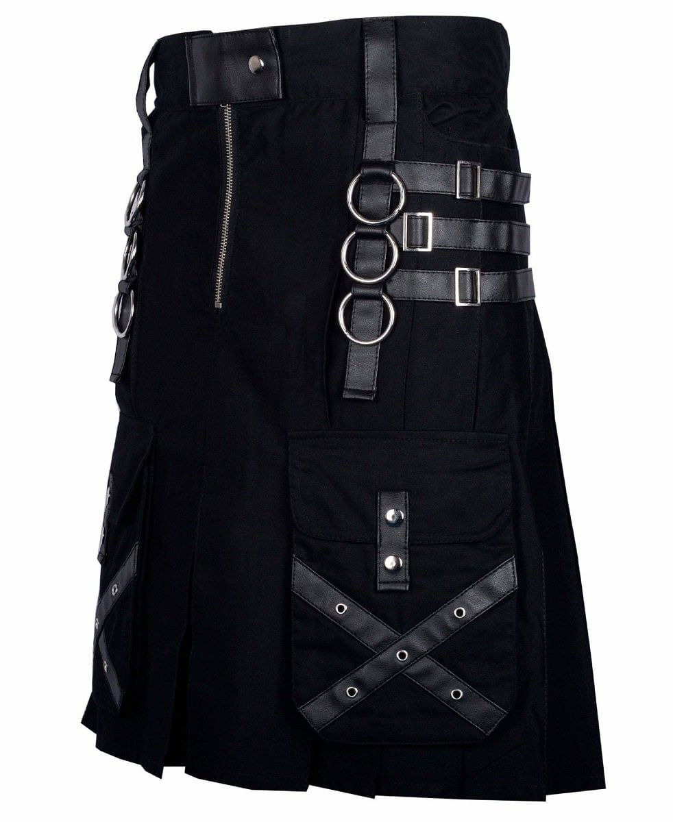 Utility Black Cotton Gothic Kilt Cargo  Pockets Modern Gothic Fashion Kilt Active Men