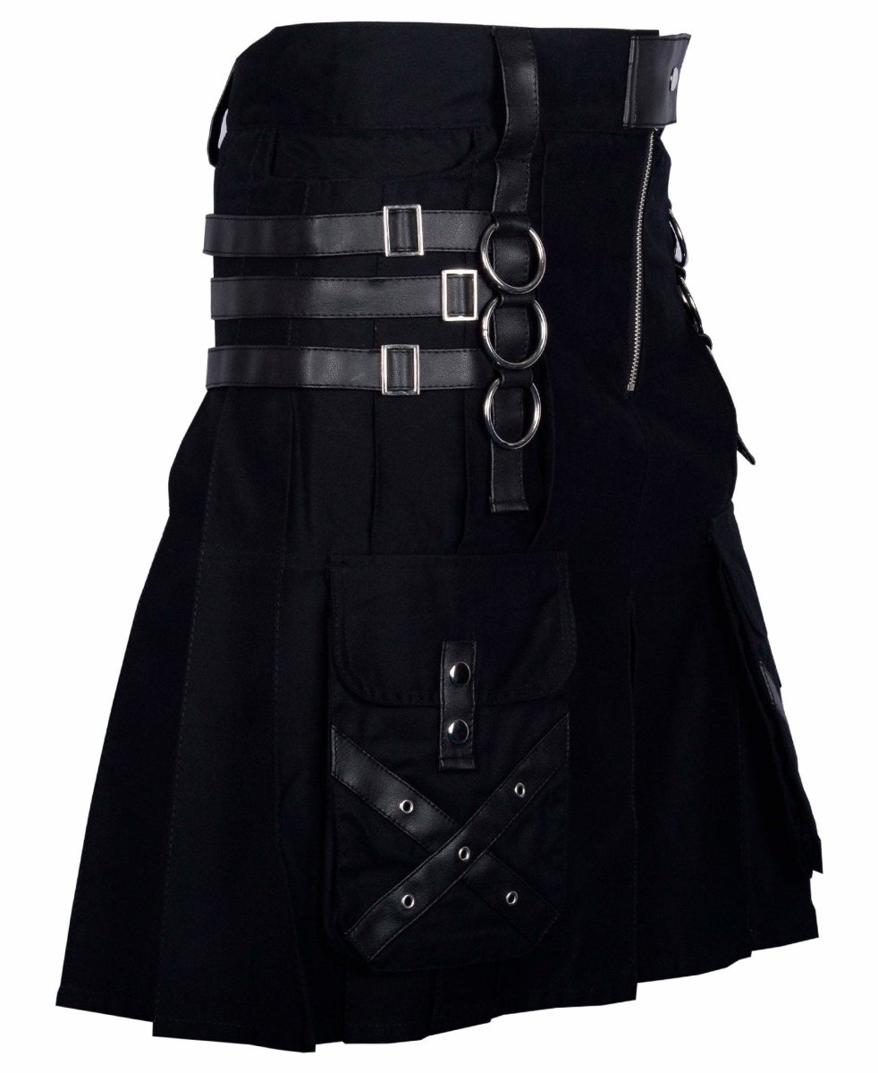 Utility Black Cotton Gothic Kilt Cargo  Pockets Modern Gothic Fashion Kilt Active Men