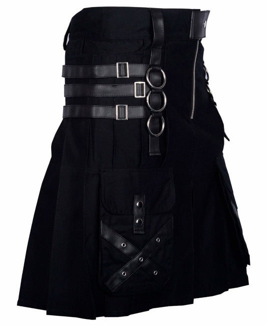 Utility Black Cotton Gothic Kilt Cargo  Pockets Modern Gothic Fashion Kilt Active Men