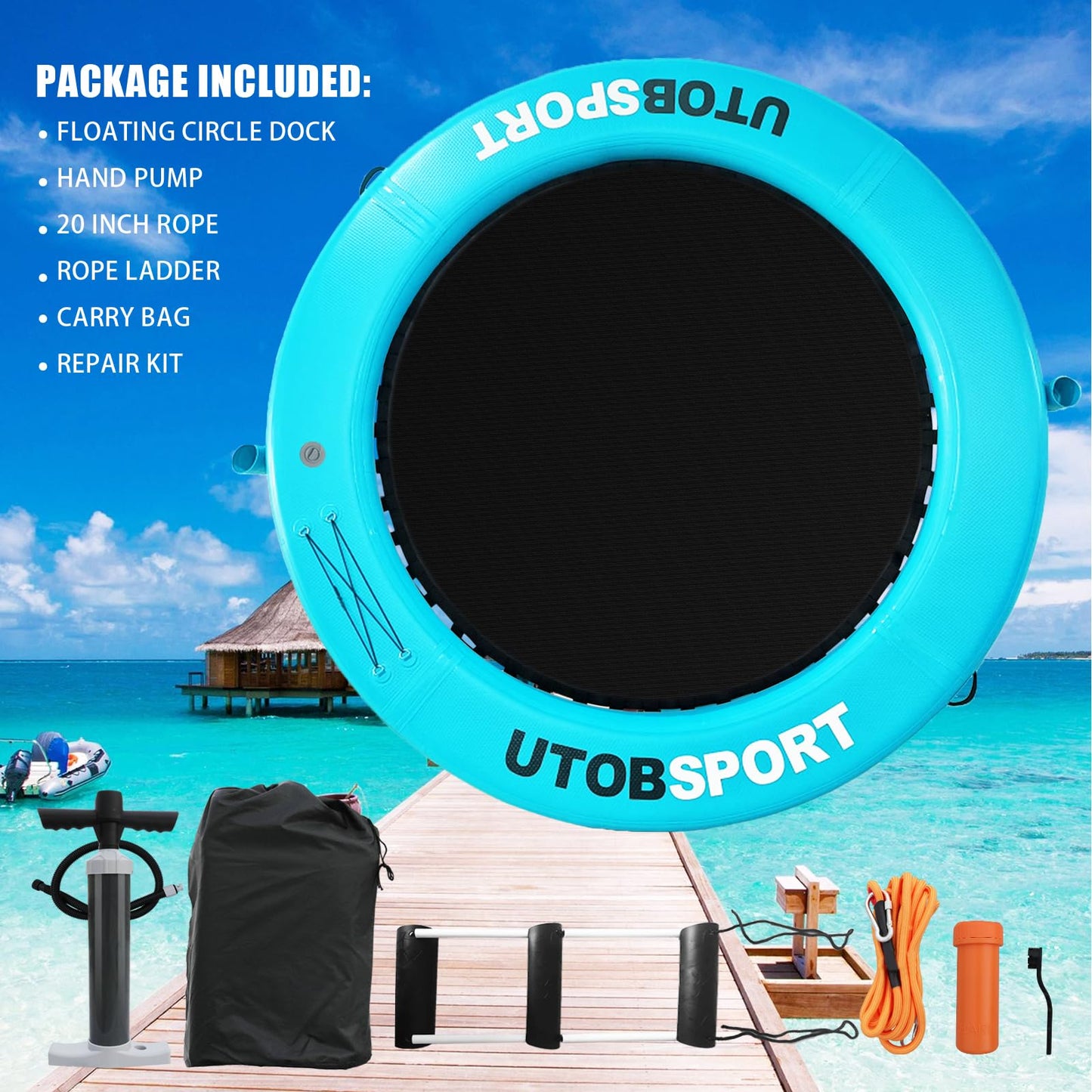 UTOBSPORT Inflatable Water Hammock 8x8 ft – Floating Island Dock for Lake, Pool, Ocean | Cupholder & Pump