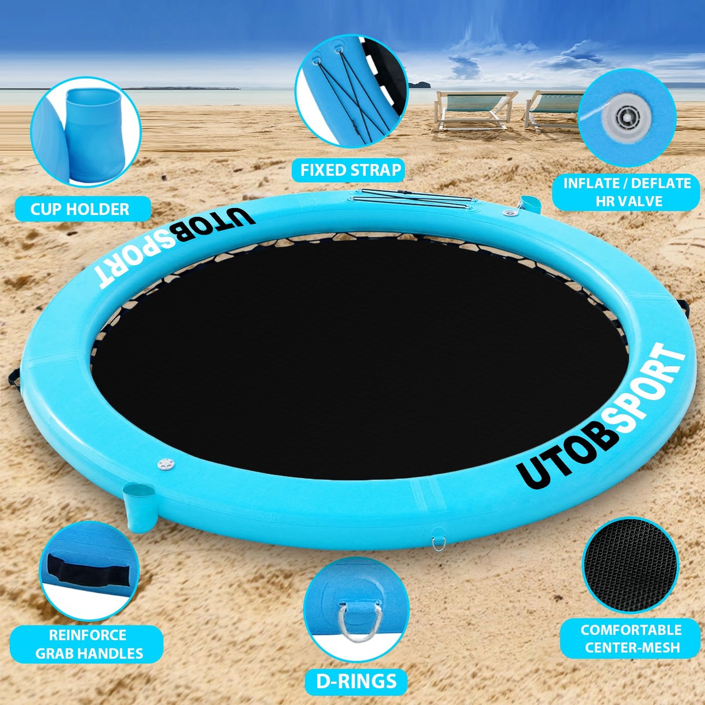 UTOBSPORT Inflatable Water Hammock 8x8 ft – Floating Island Dock for Lake, Pool, Ocean | Cupholder & Pump