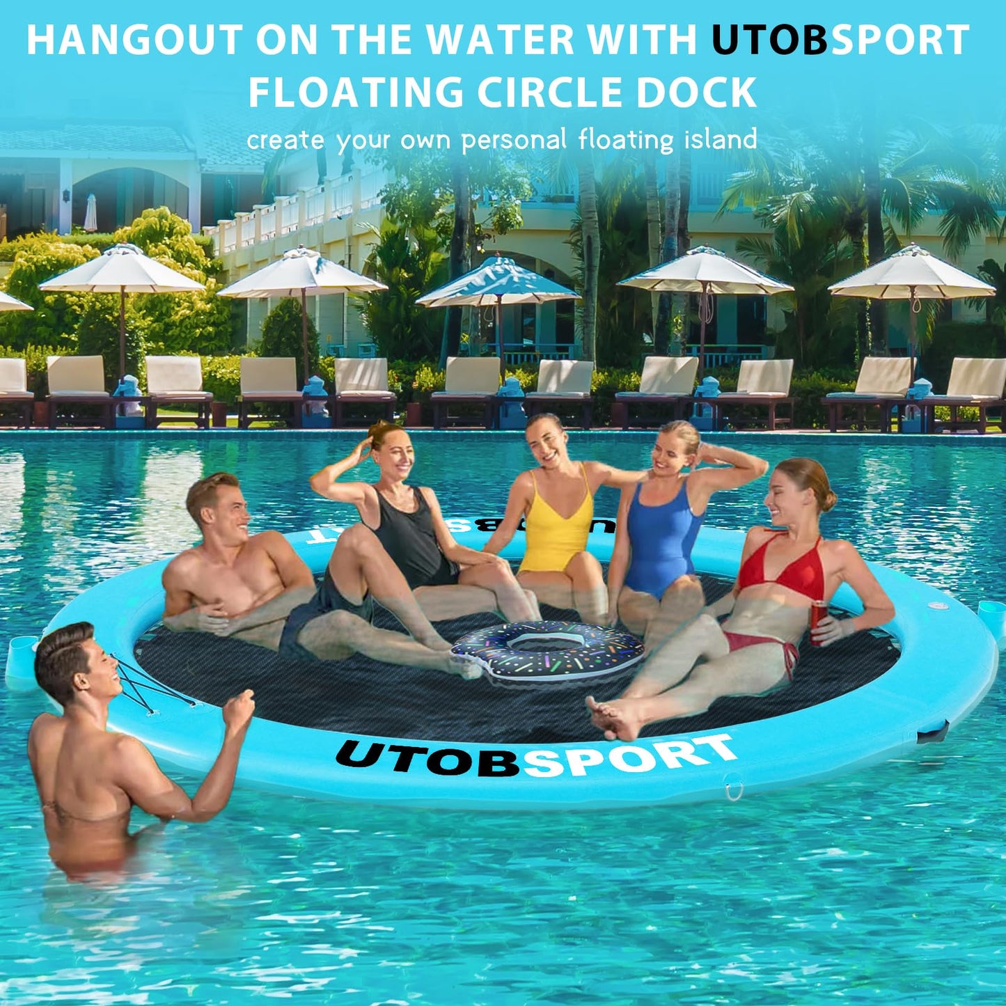 UTOBSPORT Inflatable Water Hammock 8x8 ft – Floating Island Dock for Lake, Pool, Ocean | Cupholder & Pump