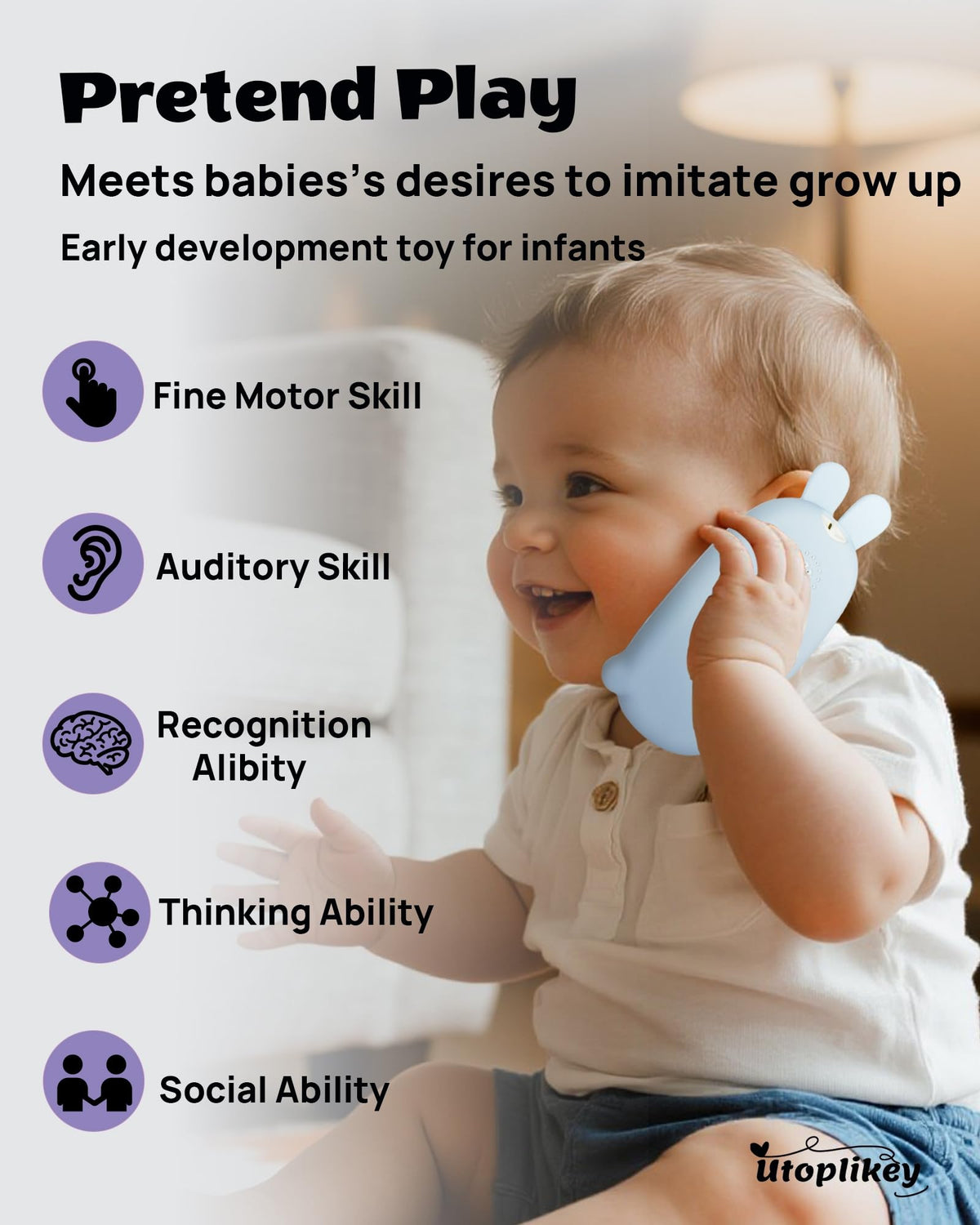 UTOPLIKEY Baby Cell Phone Toy – 12 Learning Modes, Soothing Lullabies (Blue)