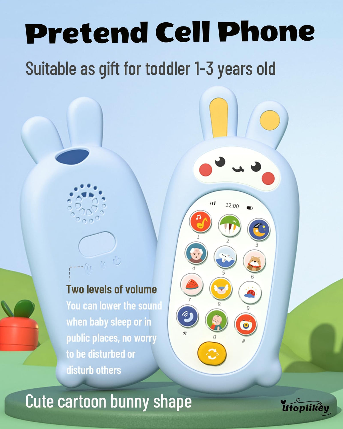 UTOPLIKEY Baby Cell Phone Toy – 12 Learning Modes, Soothing Lullabies (Blue)