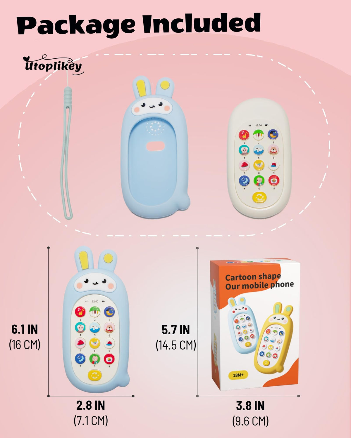 UTOPLIKEY Baby Cell Phone Toy – 12 Learning Modes, Soothing Lullabies (Blue)