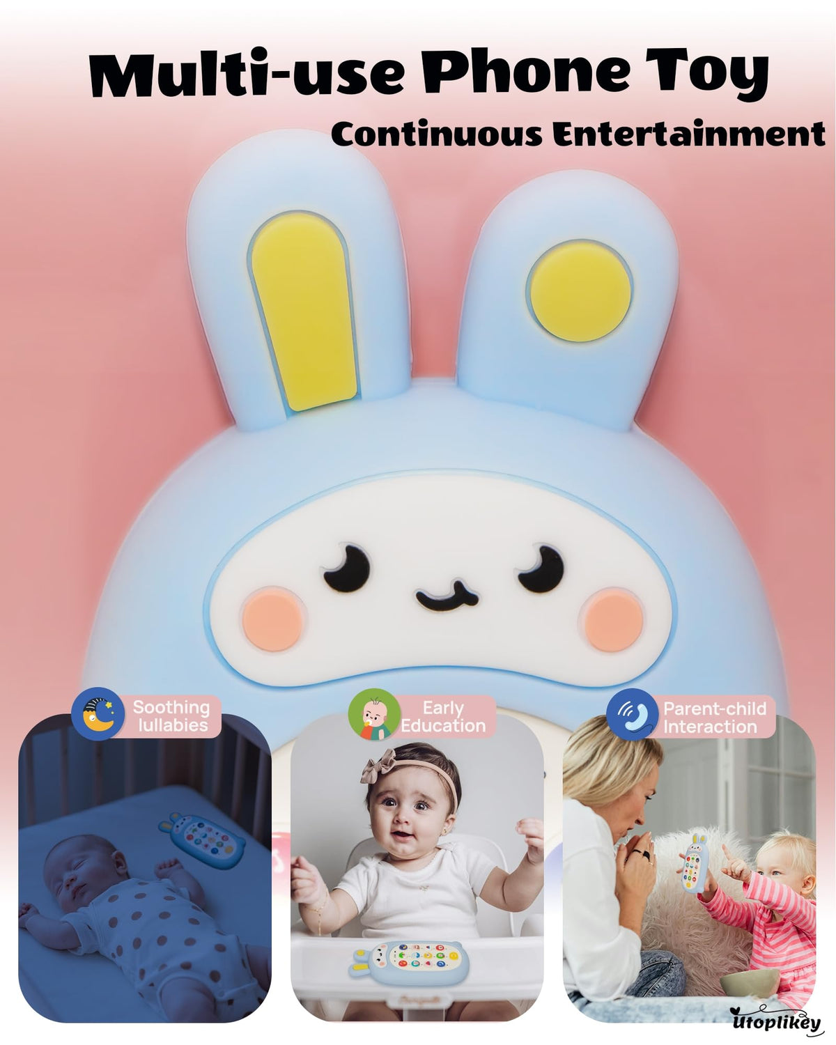 UTOPLIKEY Baby Cell Phone Toy – 12 Learning Modes, Soothing Lullabies (Blue)