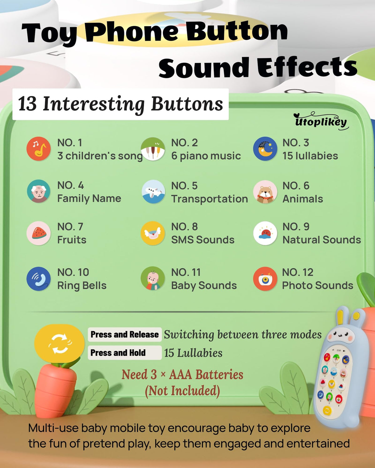 UTOPLIKEY Baby Cell Phone Toy – 12 Learning Modes, Soothing Lullabies (Blue)