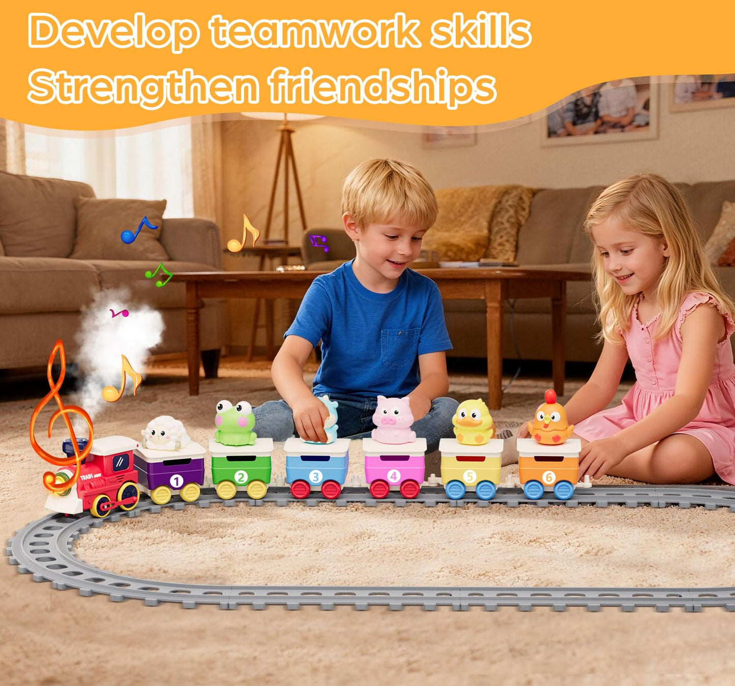 Utrena Toddler Train Track Toy – Farm Animal Set with Realistic Steam, Lights & Sounds | Educational Gift for 1-3 Year Olds