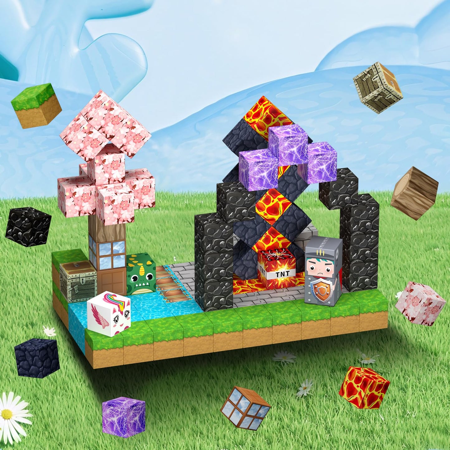 Uucoco 100PCS Magnetic Blocks – Forest & Castle Magnet Cubes for 3+ | STEM Montessori Toy