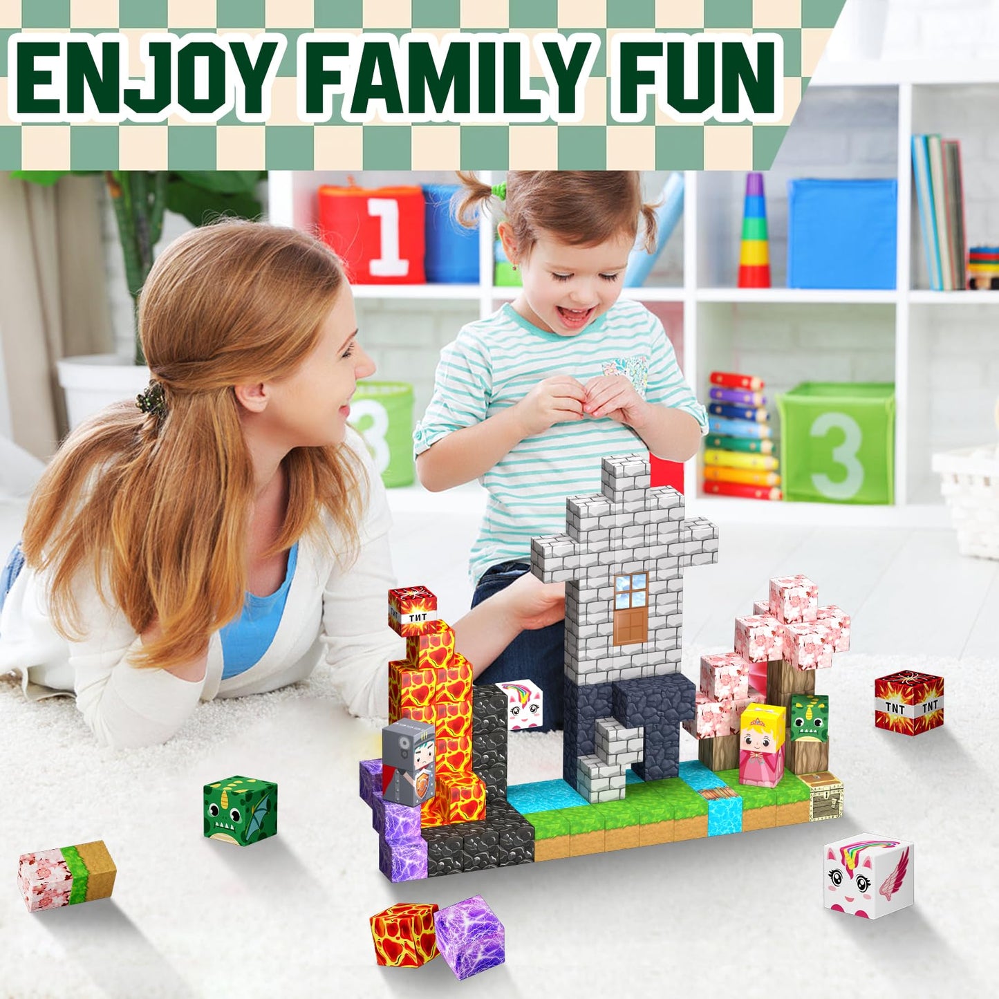 Uucoco 100PCS Magnetic Blocks – Forest & Castle Magnet Cubes for 3+ | STEM Montessori Toy