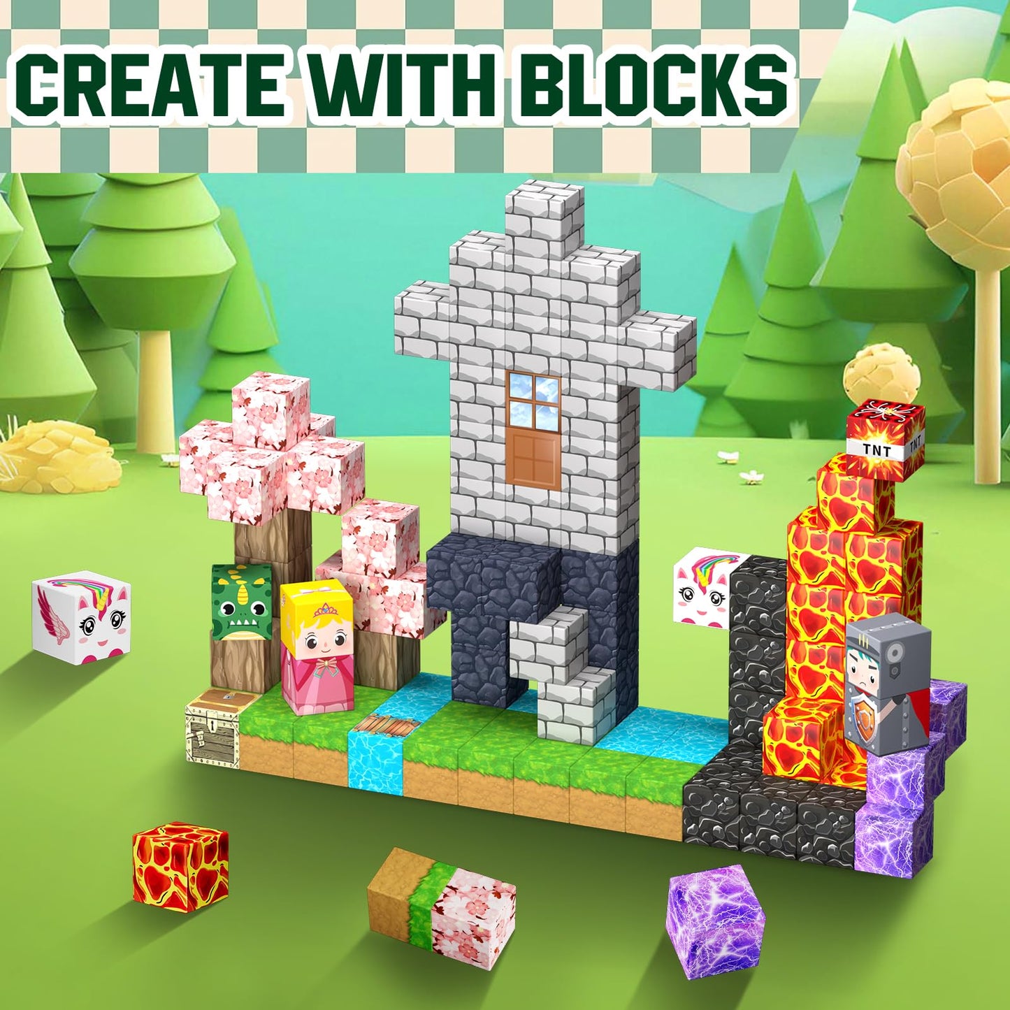Uucoco 100PCS Magnetic Blocks – Forest & Castle Magnet Cubes for 3+ | STEM Montessori Toy