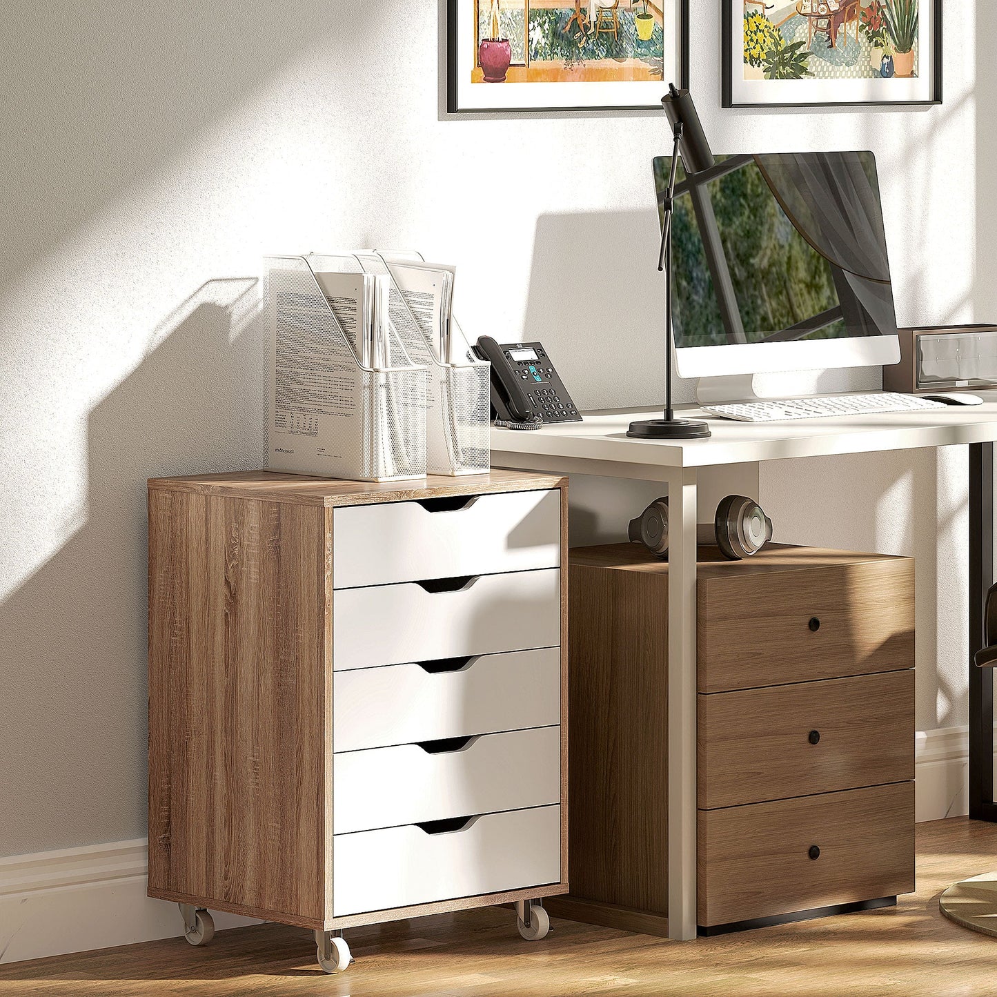 Vinsetto Mobile Filing Cabinet, 5-drawer File Cabinet with Wheels, Oak