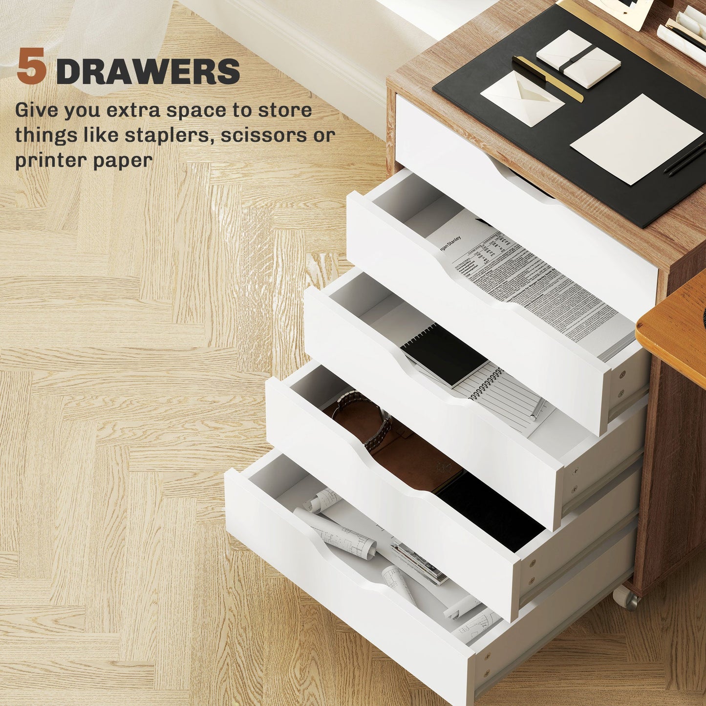 Vinsetto Mobile Filing Cabinet, 5-drawer File Cabinet with Wheels, Oak