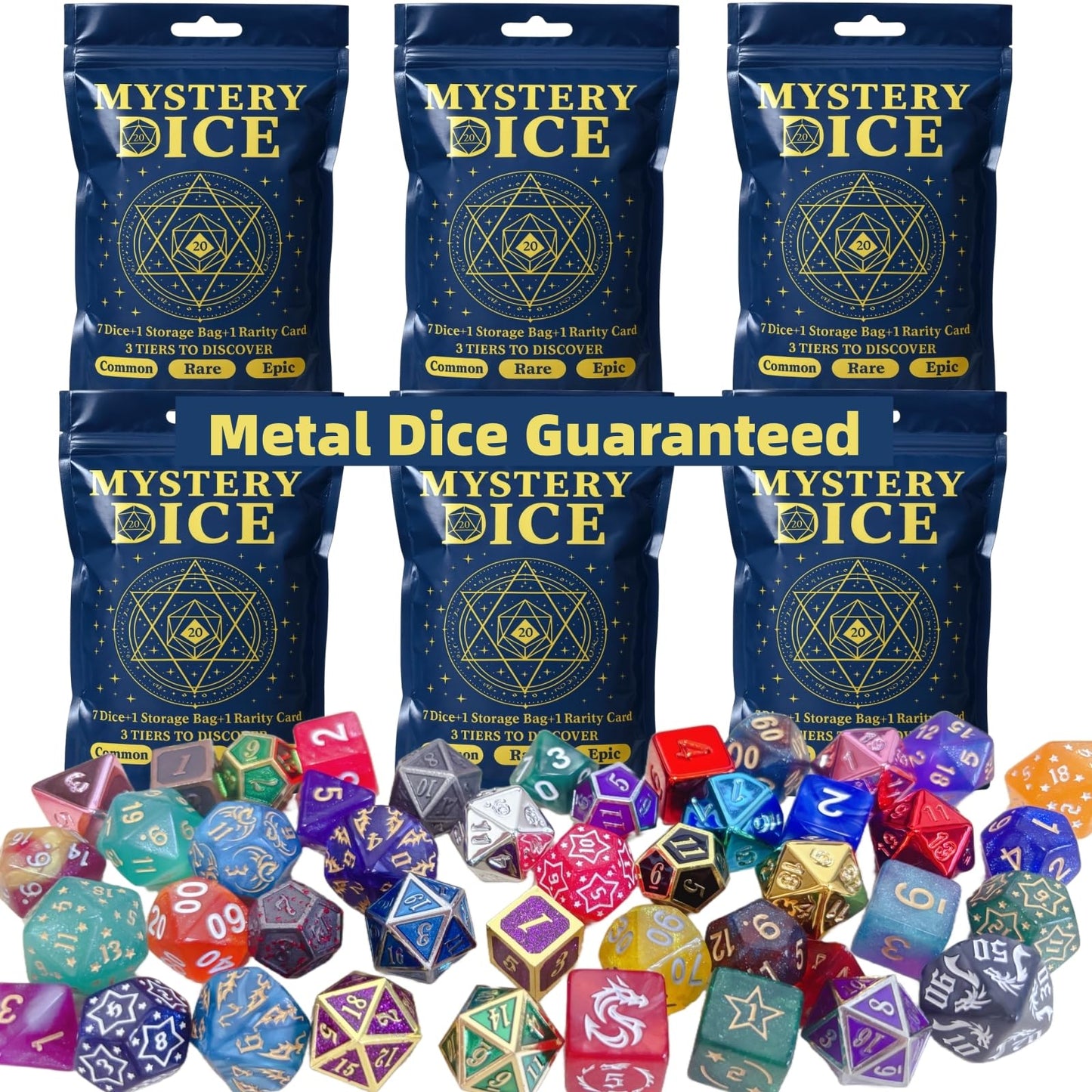 UURM Mystery Dice Set of 7 – Polyhedral RPG Dice with Storage Bag & Rarity Card | 6-Pack (Epic Guaranteed)