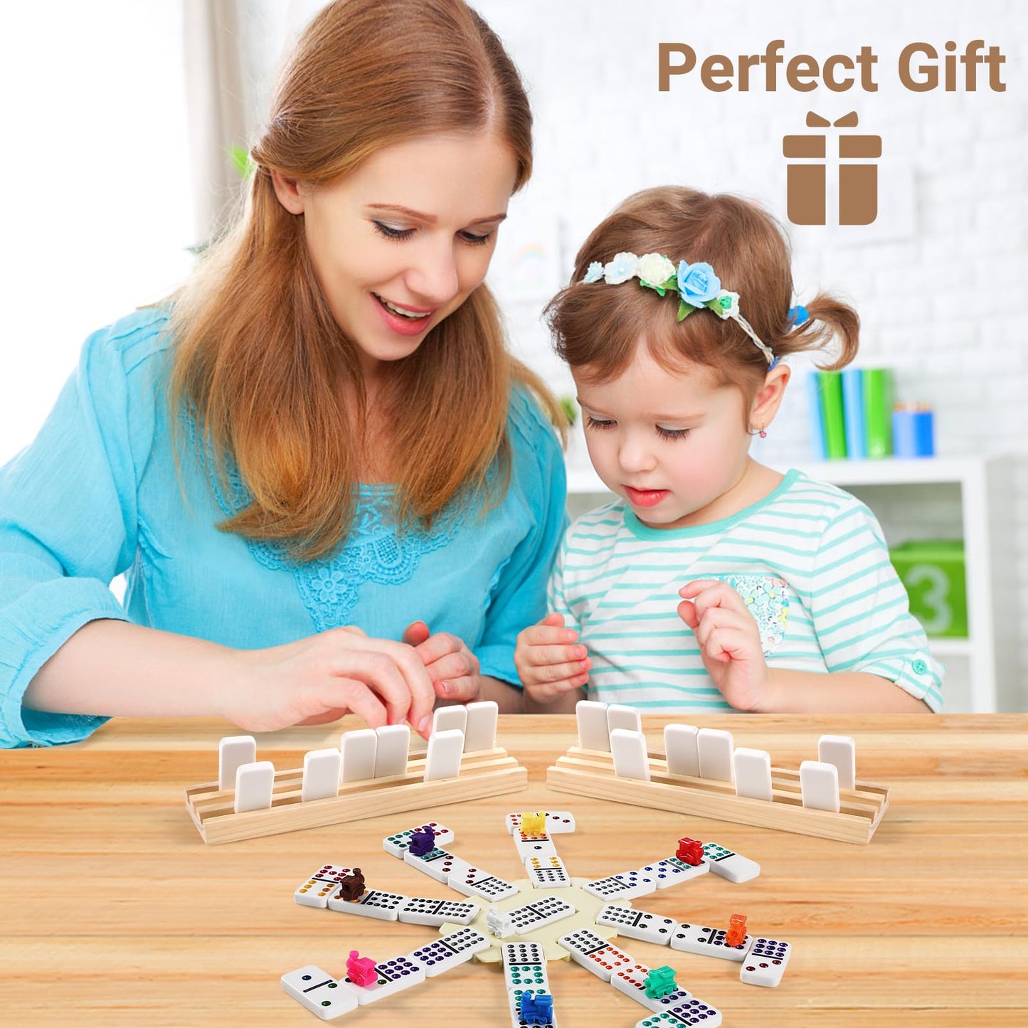 uvcany Mexican Train Dominoes Set – 136 Colored Double-15 Tiles, 8 Wooden Racks, Zippered Case