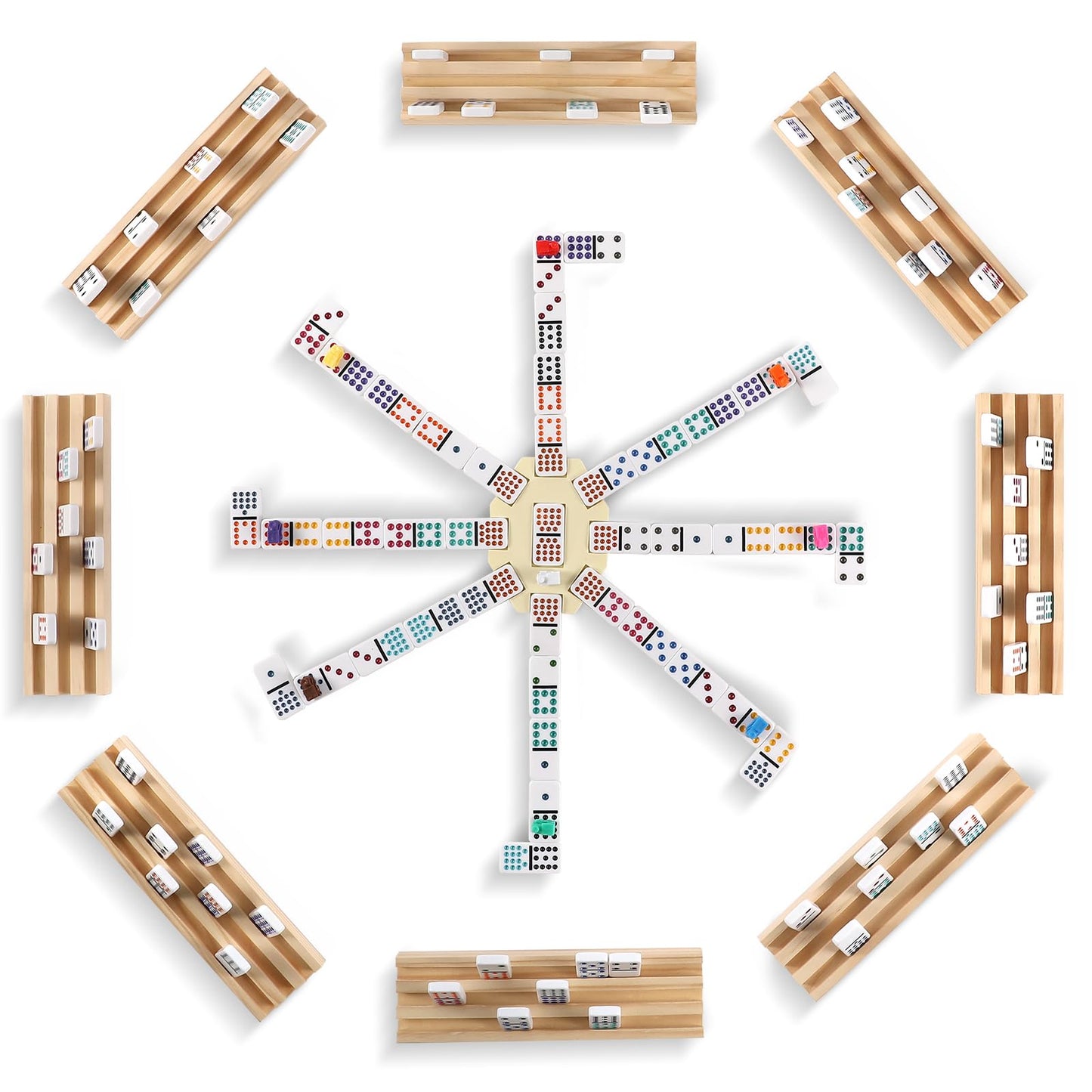 uvcany Mexican Train Dominoes Set – 136 Colored Double-15 Tiles, 8 Wooden Racks, Zippered Case