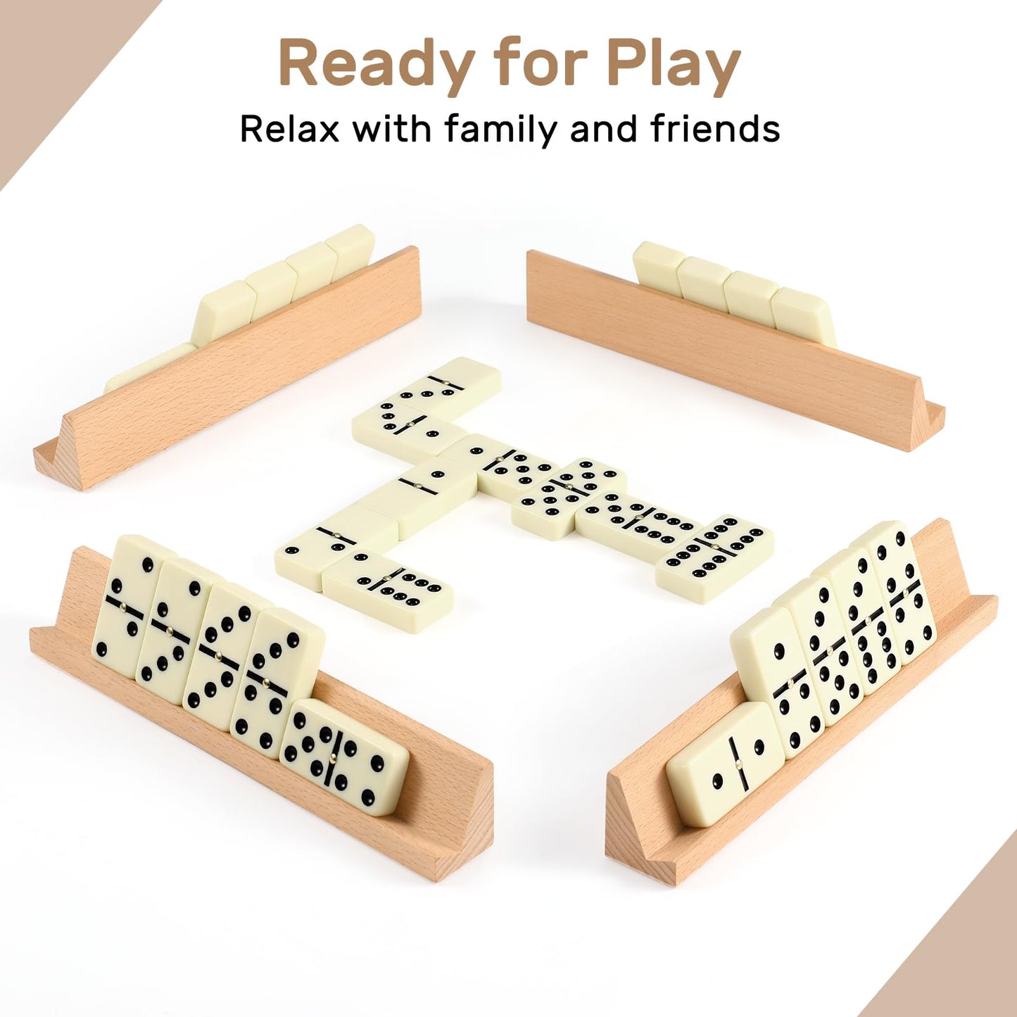 UVCANY Jumbo Dominoes Set – 28 Tiles, 4 Beech Racks, Portable Case | Double Six Dominoes for Family Games