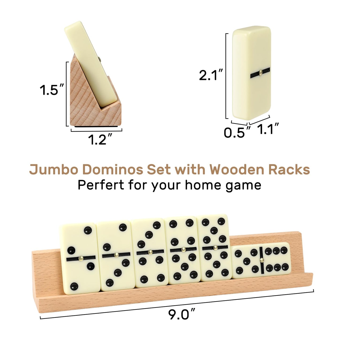 UVCANY Jumbo Dominoes Set – 28 Tiles, 4 Beech Racks, Portable Case | Double Six Dominoes for Family Games