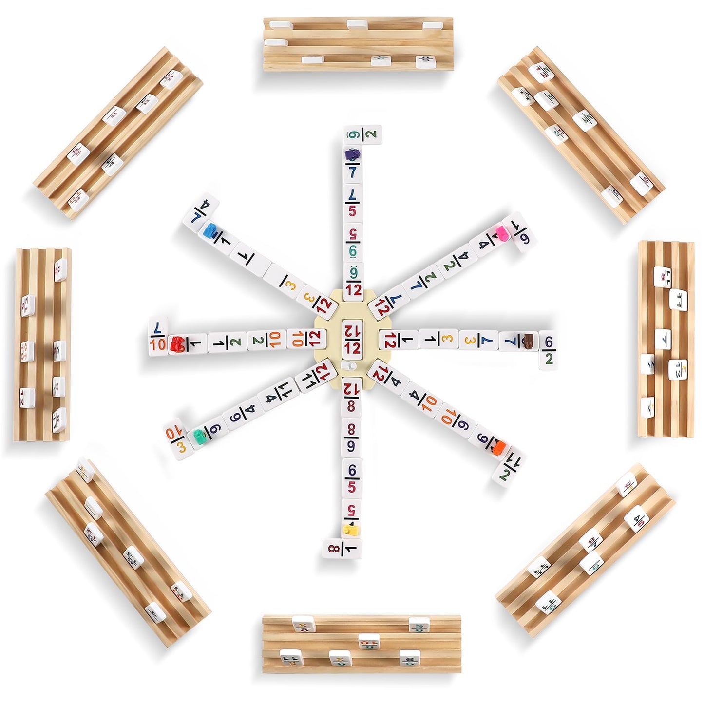uvcany Mexican Train Dominoes Set – 91 Tiles, 8 Wooden Trays, Portable Case