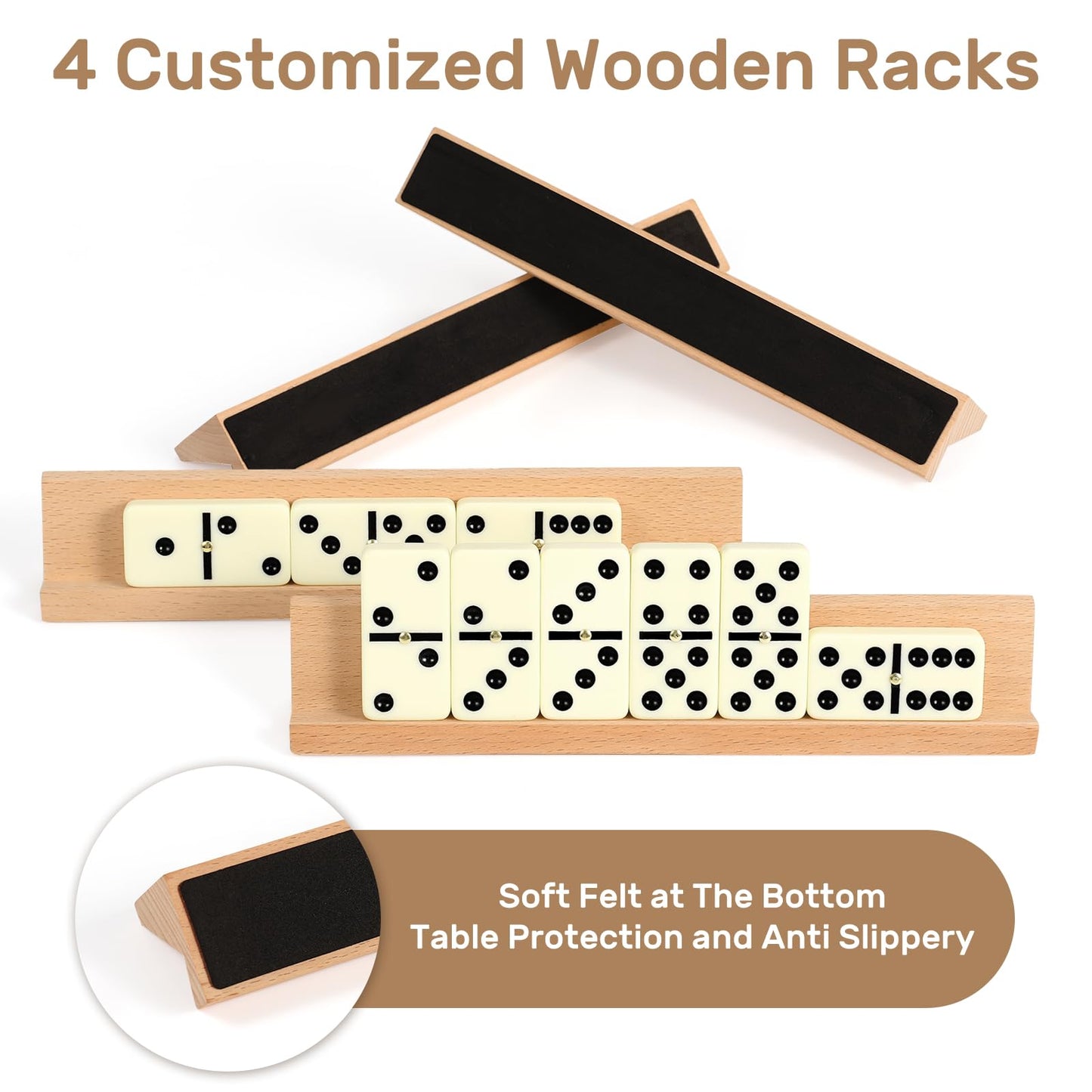 UVCANY Jumbo Dominoes Set – 28 Tiles, 4 Beech Racks, Portable Case | Double Six Dominoes for Family Games