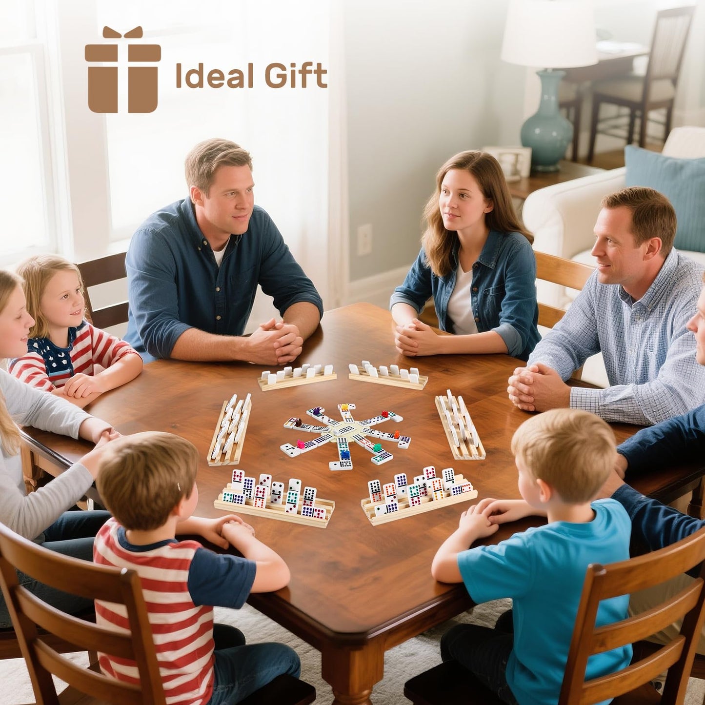 uvcany Mexican Train Dominoes Set — 91 Tiles, 8 Wooden Trays, Portable Case | Double 12 Family Game Kit
