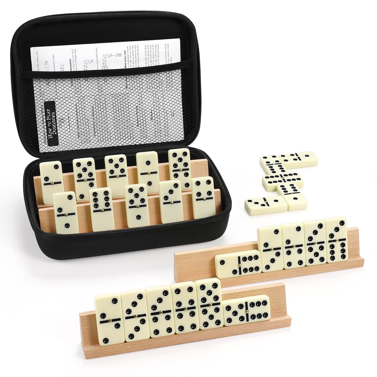 UVCANY Jumbo Dominoes Set – 28 Tiles, 4 Beech Racks, Portable Case | Double Six Dominoes for Family Games