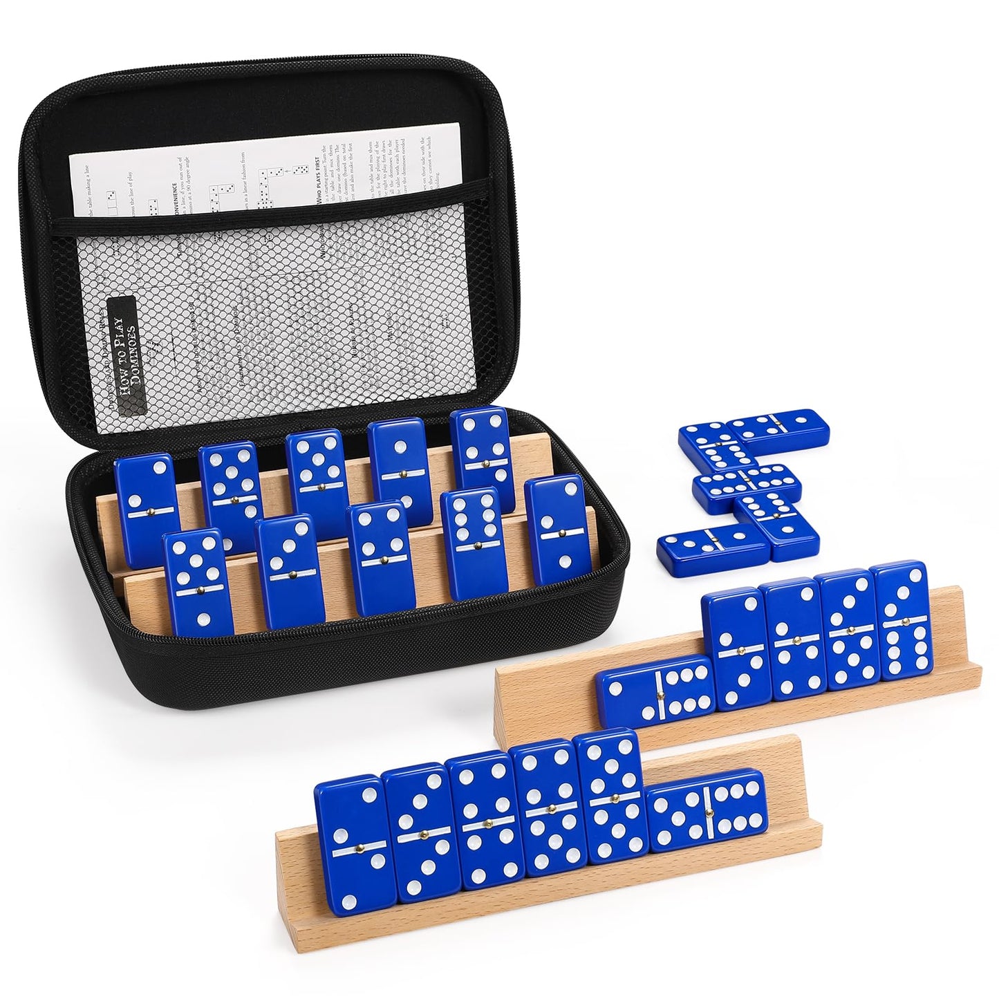 uvcany Jumbo Dominos Set for Adults — 4 Beech Racks, 28 Tiles, Portable Travel Case | Double Six Dominoes