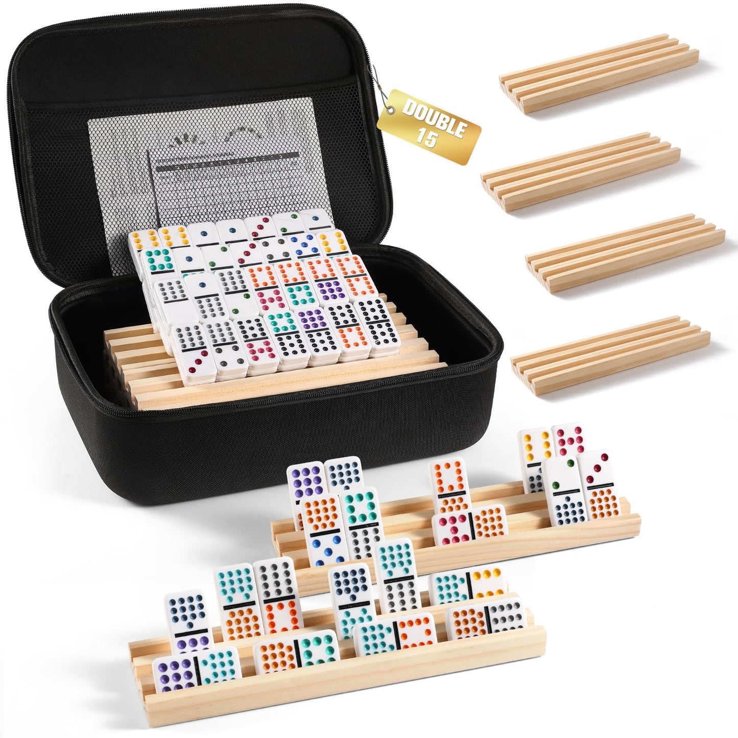 uvcany Mexican Train Dominoes Set – 136 Colored Double-15 Tiles, 8 Wooden Racks, Zippered Case