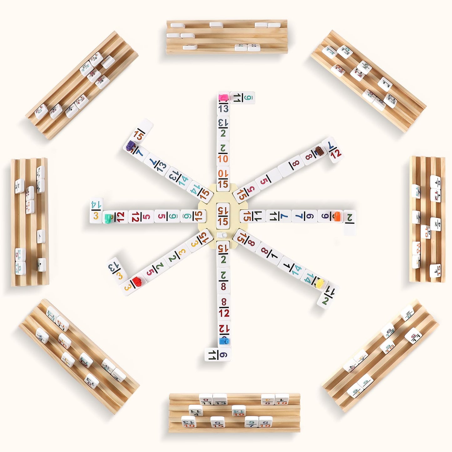 UVCany Mexican Train Dominoes Set — 136 Colored Tiles, 8 Wooden Racks, Zippered Case, Double 15 Travel Game