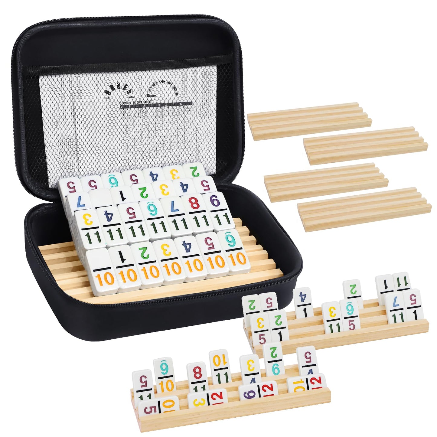 uvcany Mexican Train Dominoes Set – 91 Tiles, 8 Wooden Trays, Portable Case