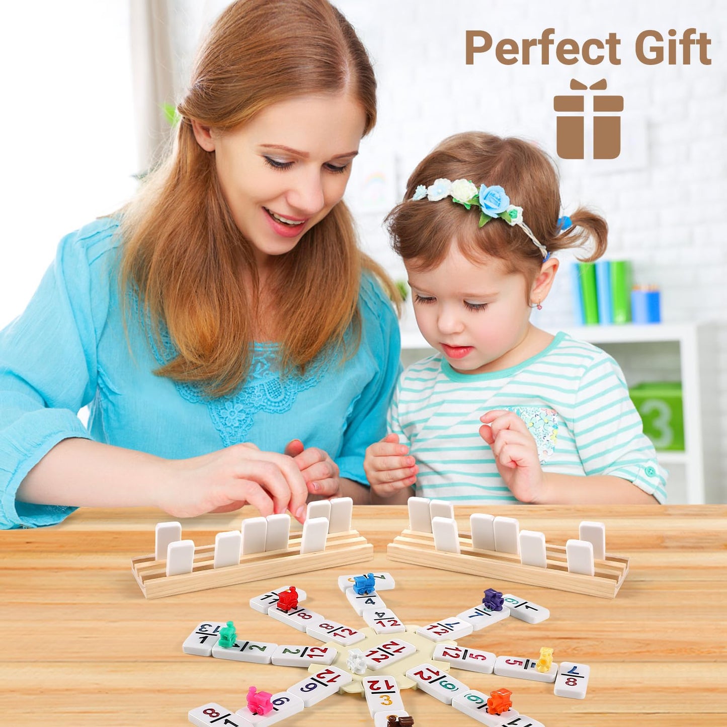 UVCany Mexican Train Dominoes Set — 136 Colored Tiles, 8 Wooden Racks, Zippered Case, Double 15 Travel Game