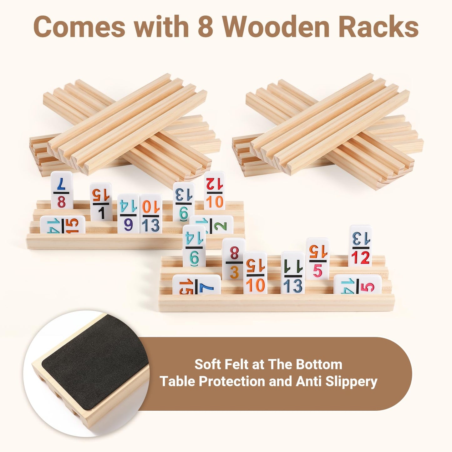 UVCany Mexican Train Dominoes Set — 136 Colored Tiles, 8 Wooden Racks, Zippered Case, Double 15 Travel Game