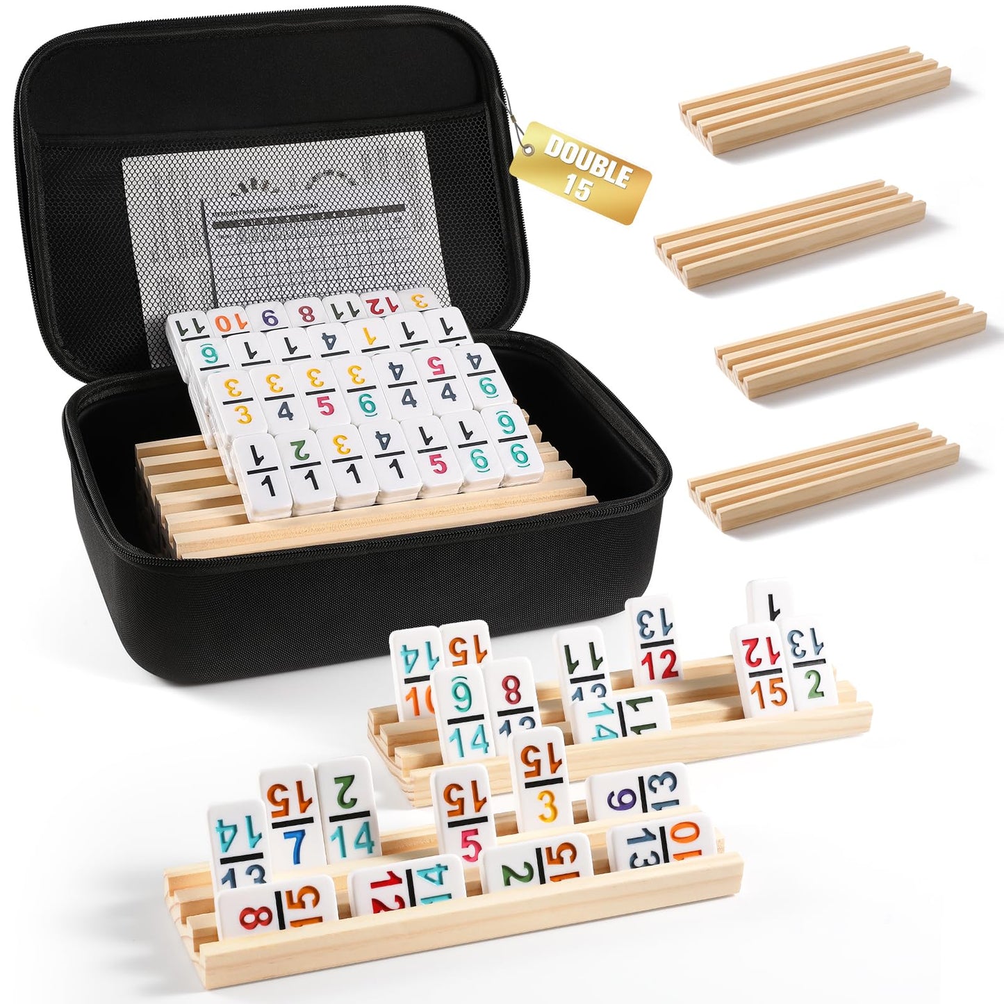 UVCany Mexican Train Dominoes Set — 136 Colored Tiles, 8 Wooden Racks, Zippered Case, Double 15 Travel Game