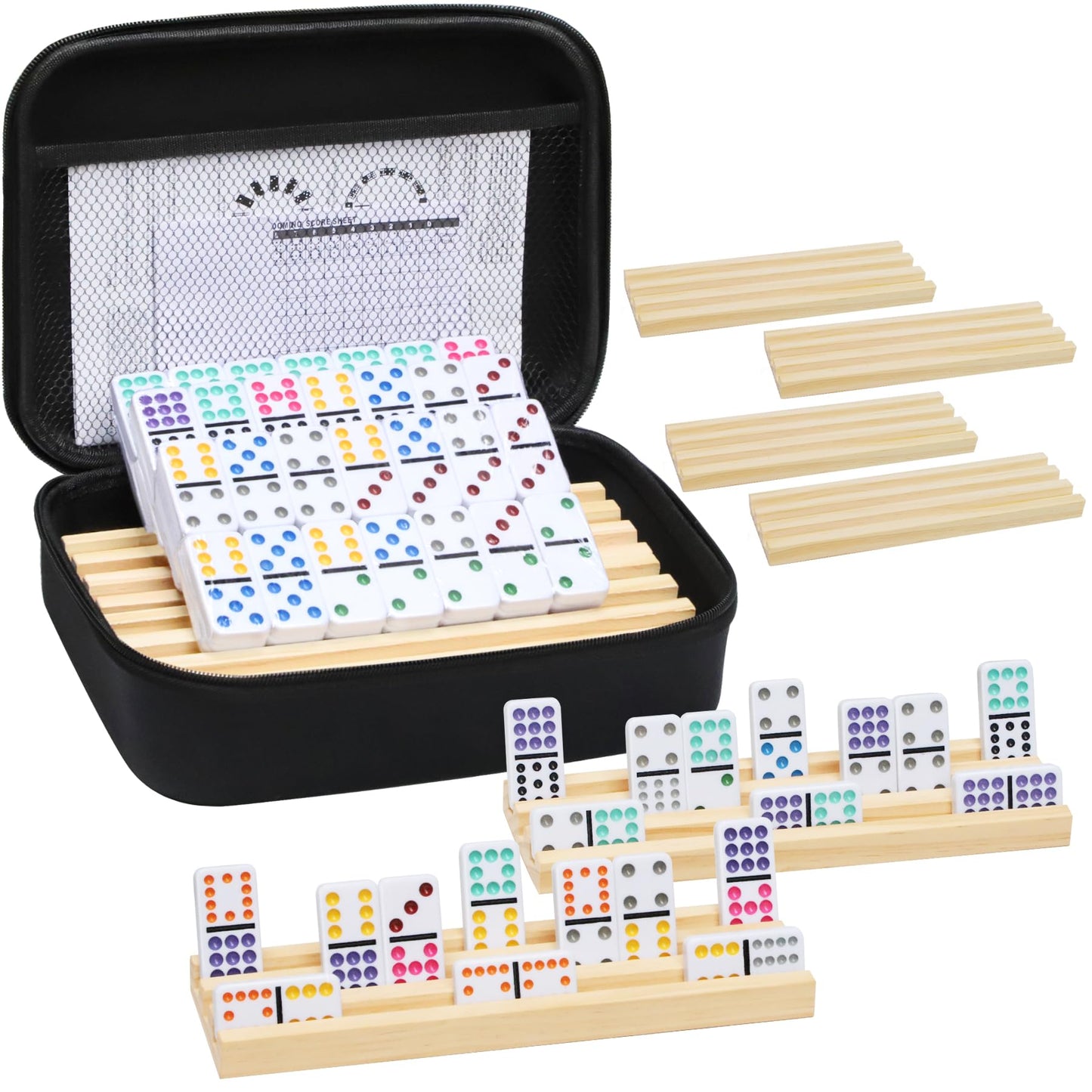 uvcany Mexican Train Dominoes Set — 91 Tiles, 8 Wooden Trays, Portable Case | Double 12 Family Game Kit