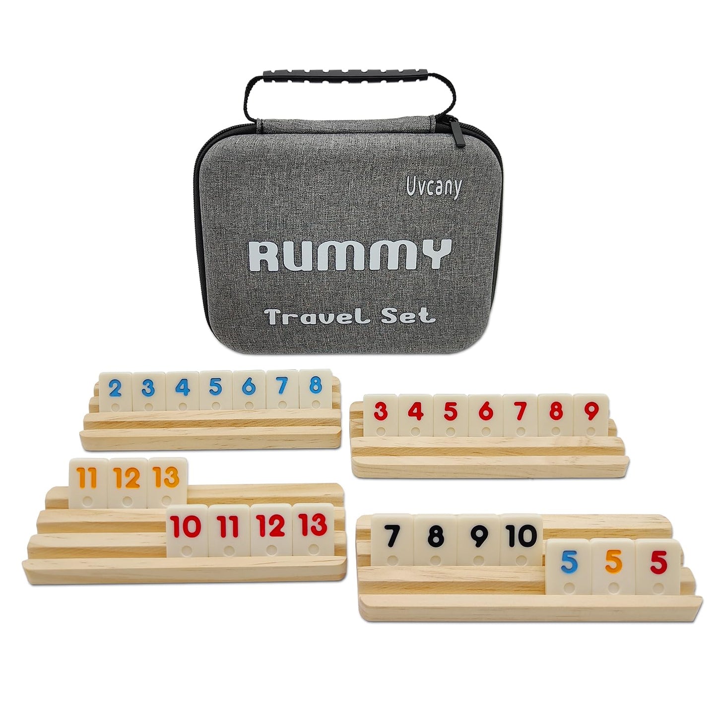 uvcany Mini Travel Rummy Cube Set – 106 Tiles, 4 Wooden Racks, Portable Case (Travel Edition)