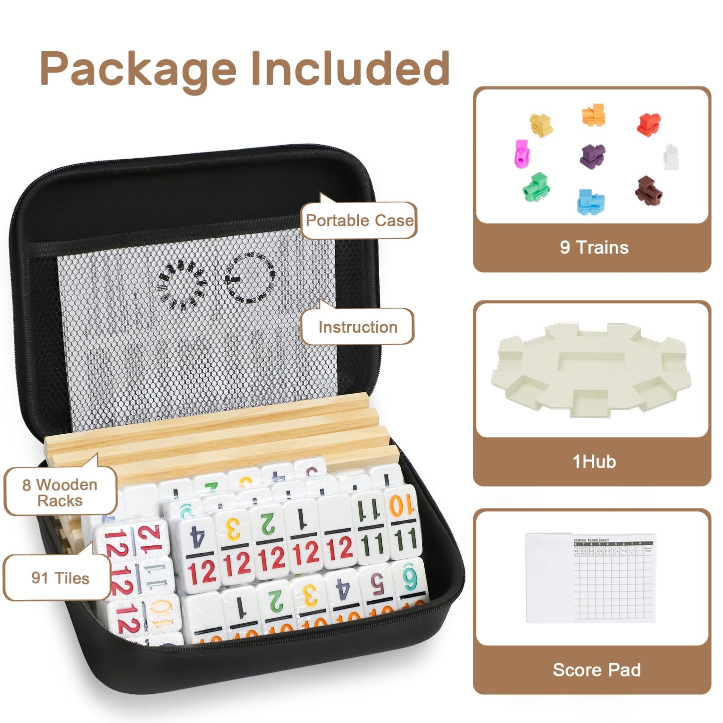 uvcany Mexican Train Dominoes Set – 91 Tiles, 8 Wooden Trays, Portable Case