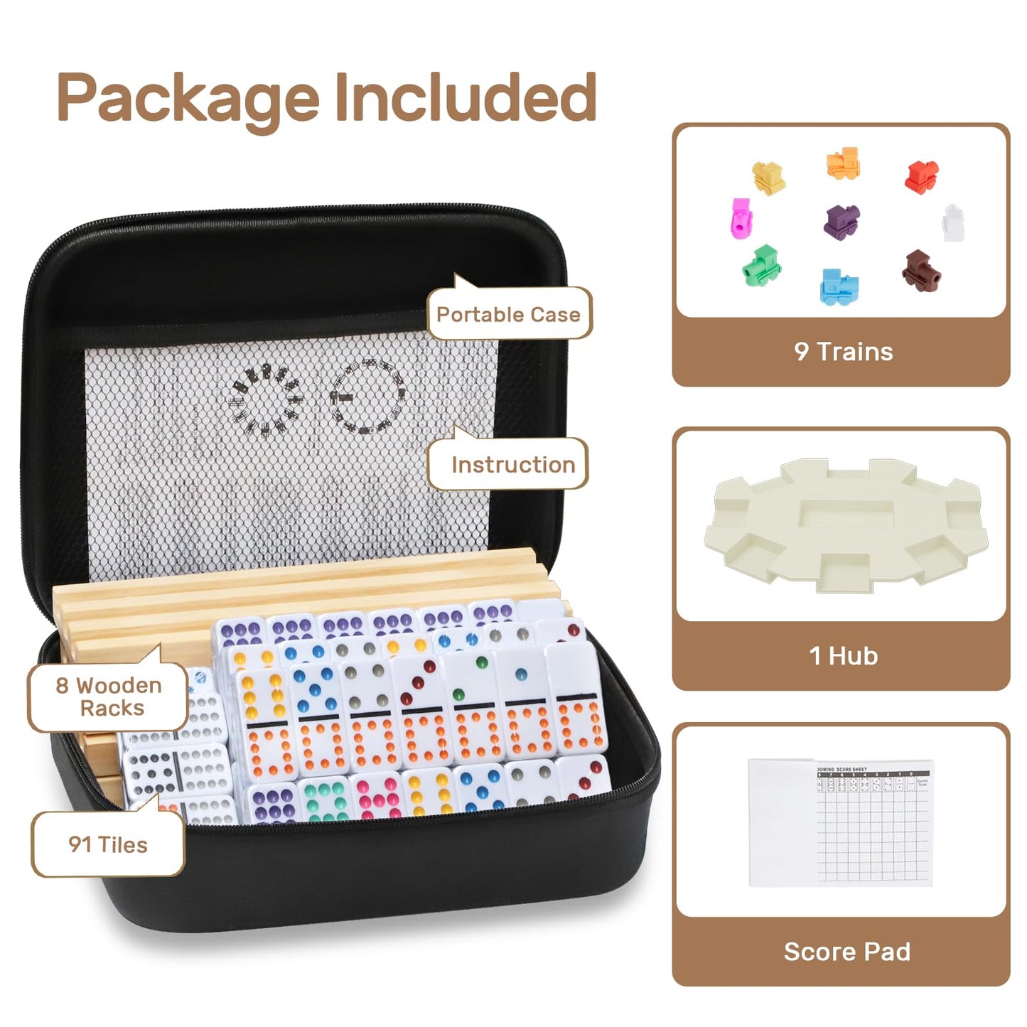 uvcany Mexican Train Dominoes Set — 91 Tiles, 8 Wooden Trays, Portable Case | Double 12 Family Game Kit