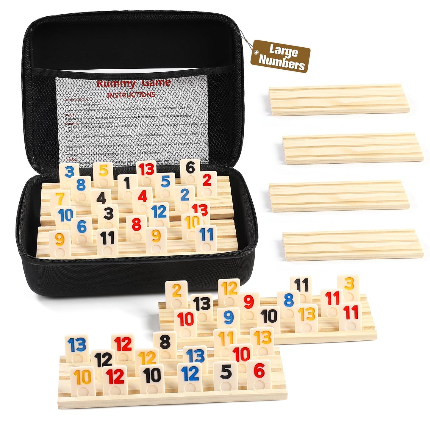 uvcany Rummy Cube 8-Player Edition — 214 Tiles, 8 Wooden Racks, Zippered Case