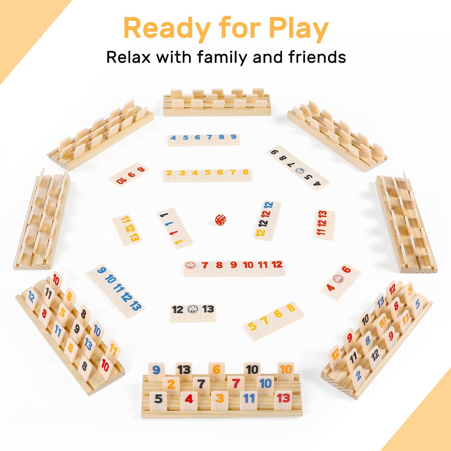 uvcany Rummy Cube 8-Player Edition — 214 Tiles, 8 Wooden Racks, Zippered Case